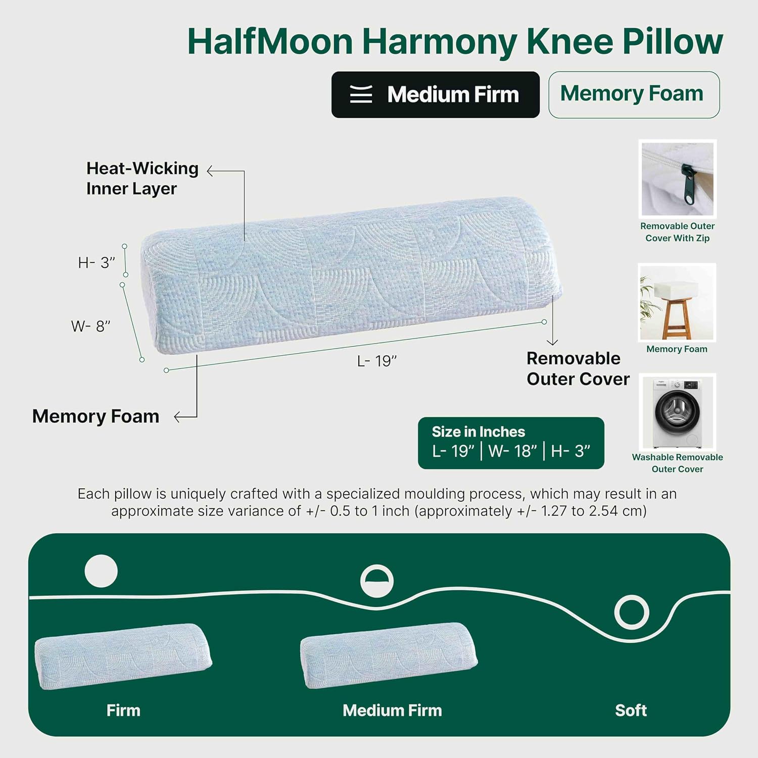 Orthopedic Soft Memory Foam Pillow, For Pain Relief - 19 X 8 X 3.5 Inch | Half Moon Multiuse Knee, Leg & Back Support | Bolster Pillow For Neck Pain Relief, Hypoallergenic, Washable Cover