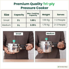 Triply Stainless Steel Pressure Cooker Outer Lid Combo + Free Wooden Chopping Board - 2 Ltr + 3 Ltr | Induction Friendly, ISI-Certified, Nonstick 3-Layer Body, 100% Pure & Toxin-Free