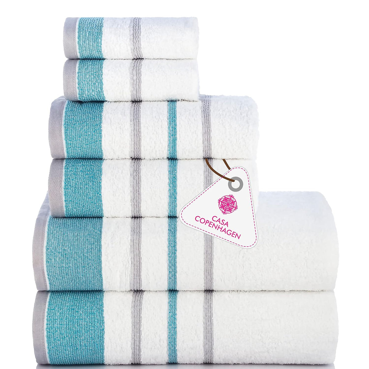 Casa Copenhagen Egyptian Design 2 Bath + 2 Hand & 2 Face Towels 1800 Gsm | He & She Super Soft Collection 100% Cotton 6 Piece Towel Set - Grey & Teal