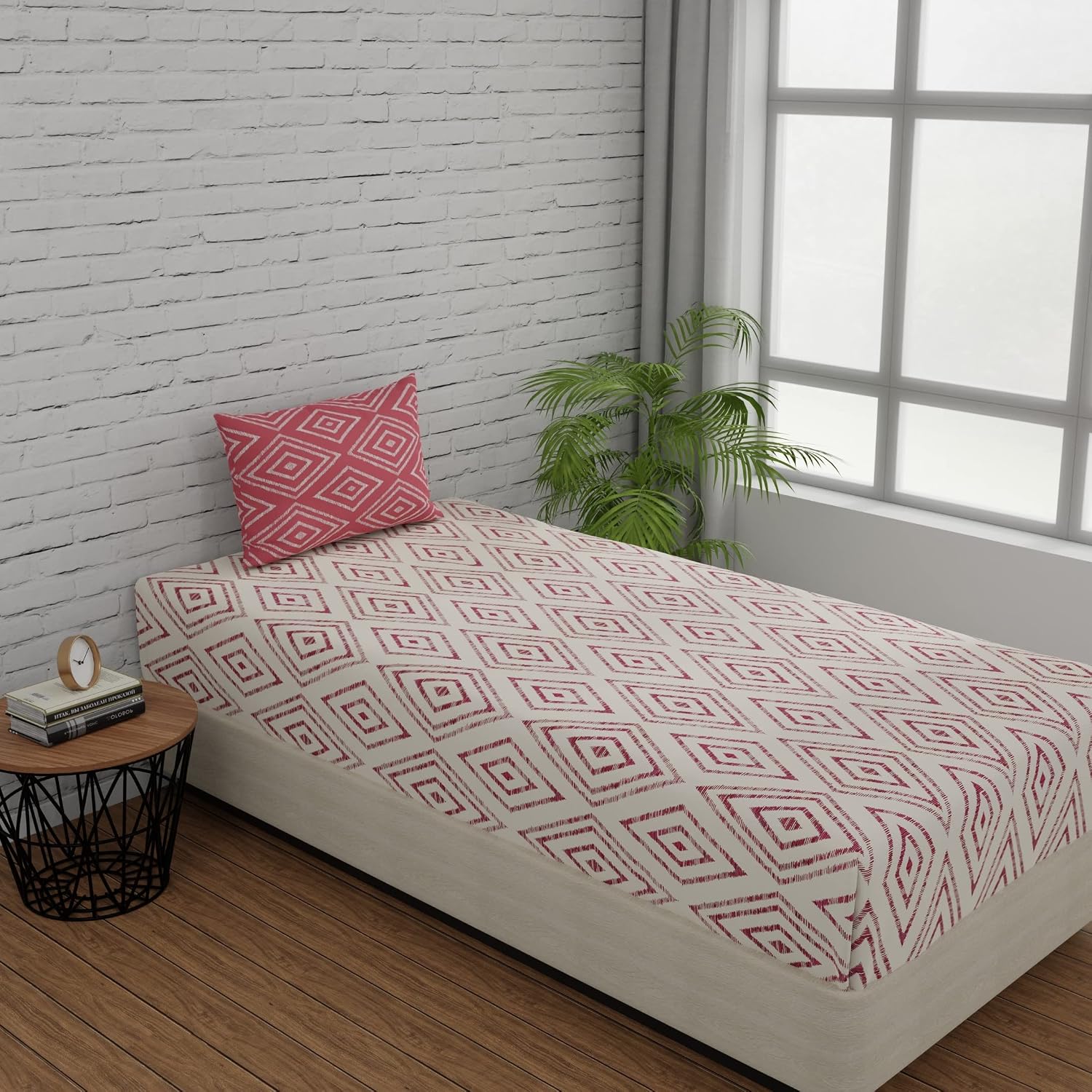 144 TC Bedsheet For Single Bed Cotton With Pillow Cover - 55 X 88 Inches, White & Peach Pink | Soft & Breathable Premium Printed Design Bedsheet