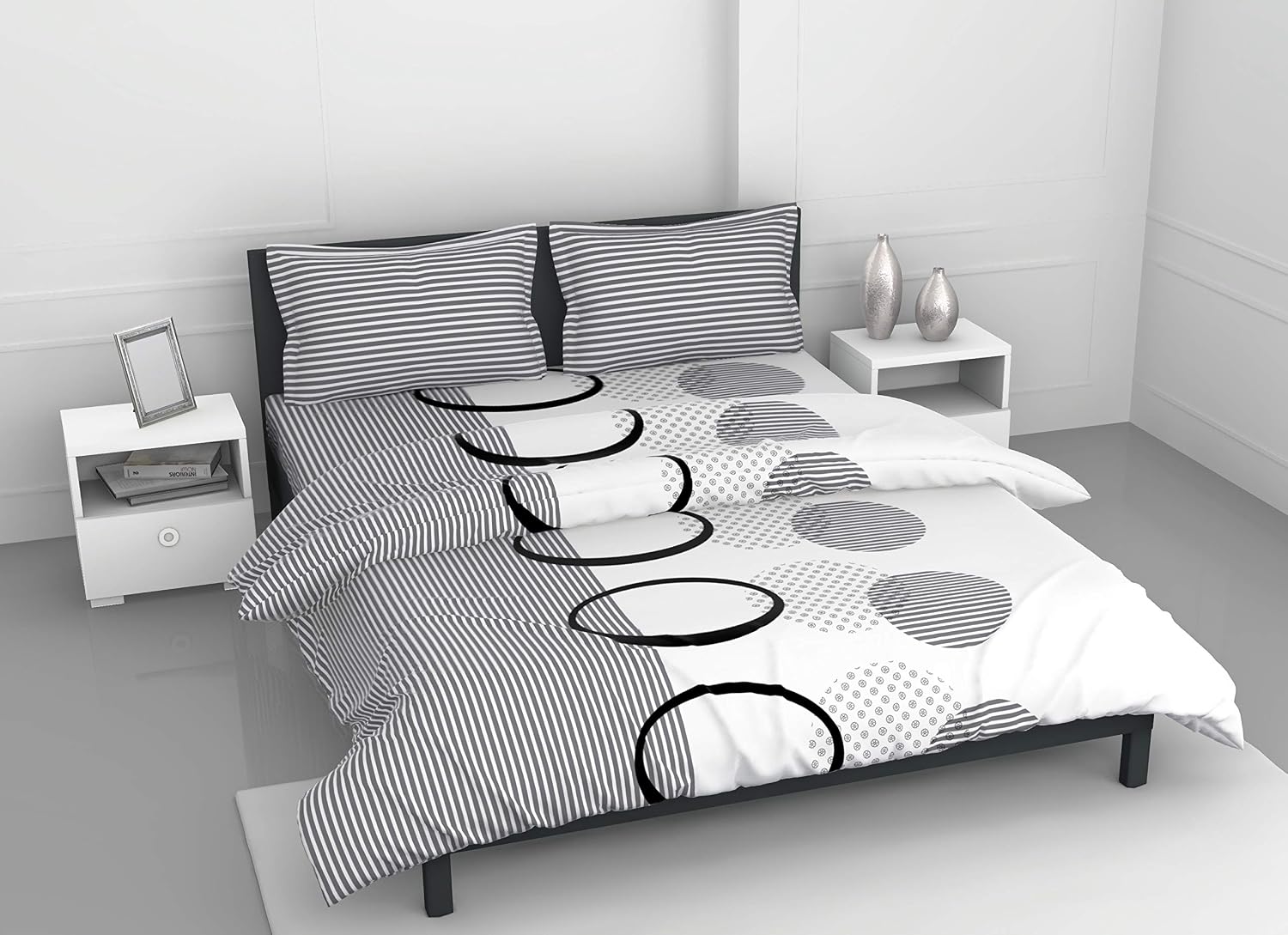 Perfect Cotton King Size Bedsheet With 2 Pillow Covers | 104 X 104 Inches, White & Dark Grey | Durability, Breathability, Softness, & Easy Maintenance