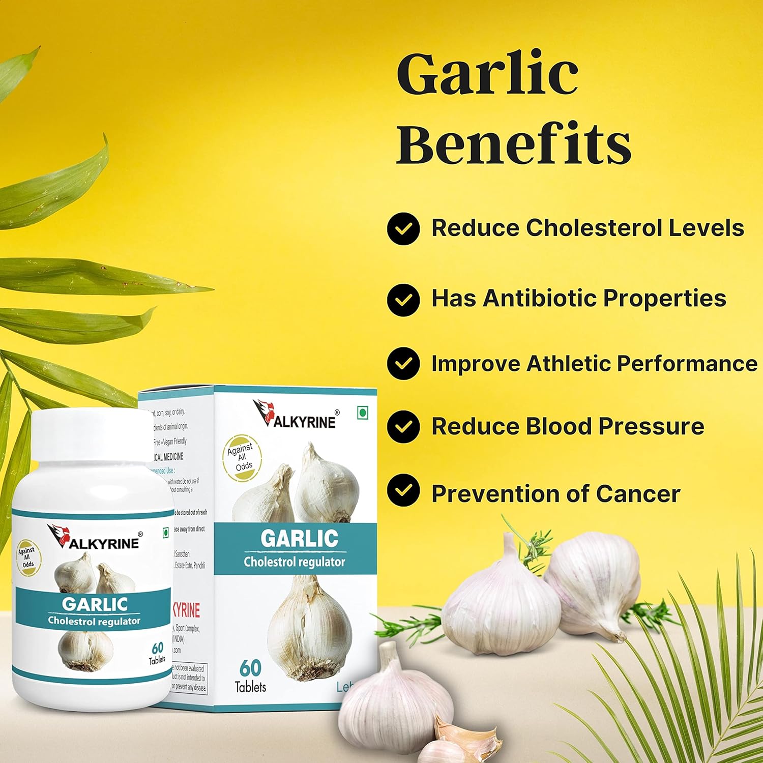 Valkyrine 100% Natural Garlic Tablets, Promote Heart Health & Athletic Performance, Natural Formula Reducing Cholesterol Levels, Promoting Healthier Cardiovascular System | 60 Tablets 100gm 0.2lbs