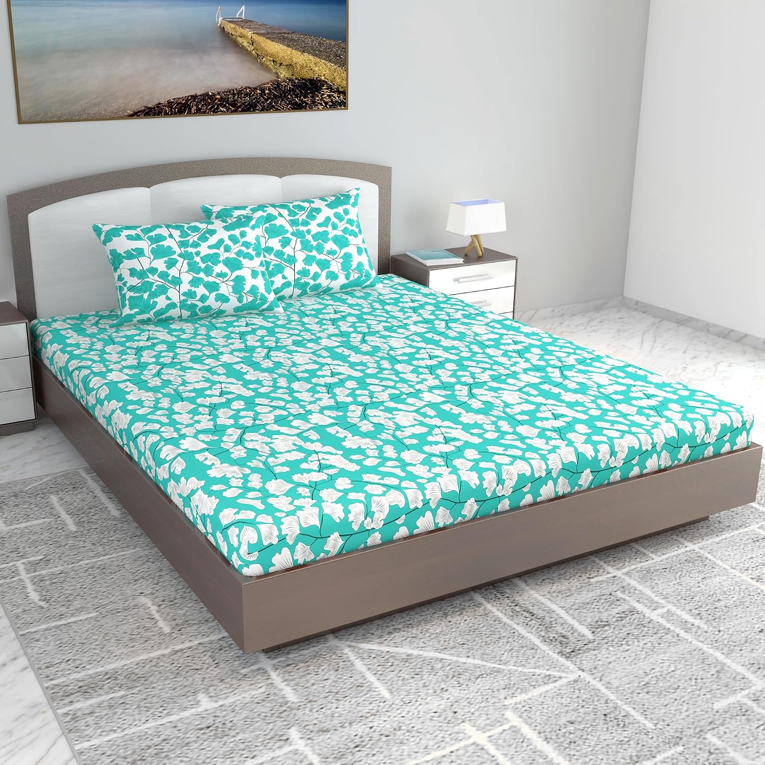 Cotton Extra Double Bedsheet For King Size With 2 Pillow Covers | 87 X 106 Inches, Teal & White - Ideal For Home, Guest House, Hotel | Soft & Breathable Fabric