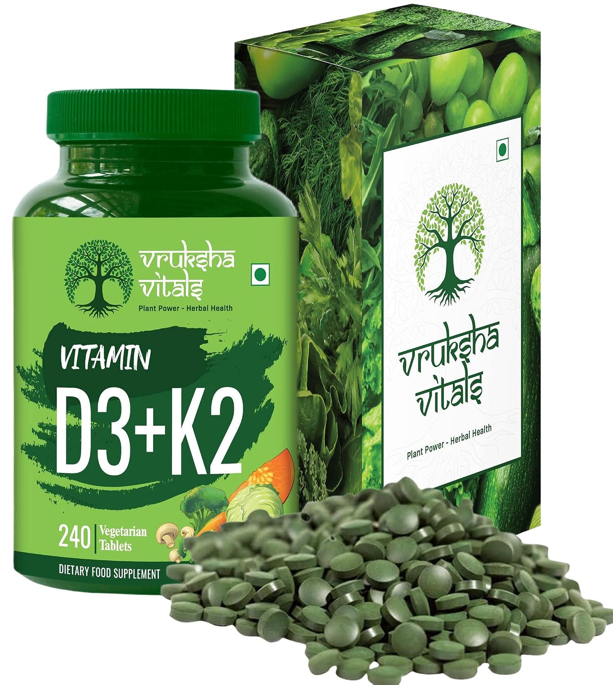 Vruksha Vitals Vit D3 & K2 100% Rda, For Adults & Kids - Plant Based Vitamin D3 600 Iu & Vitamin K2 As Mk7 55 Mcg | 240 Vegan Tablets, 250gm 0.5lbs