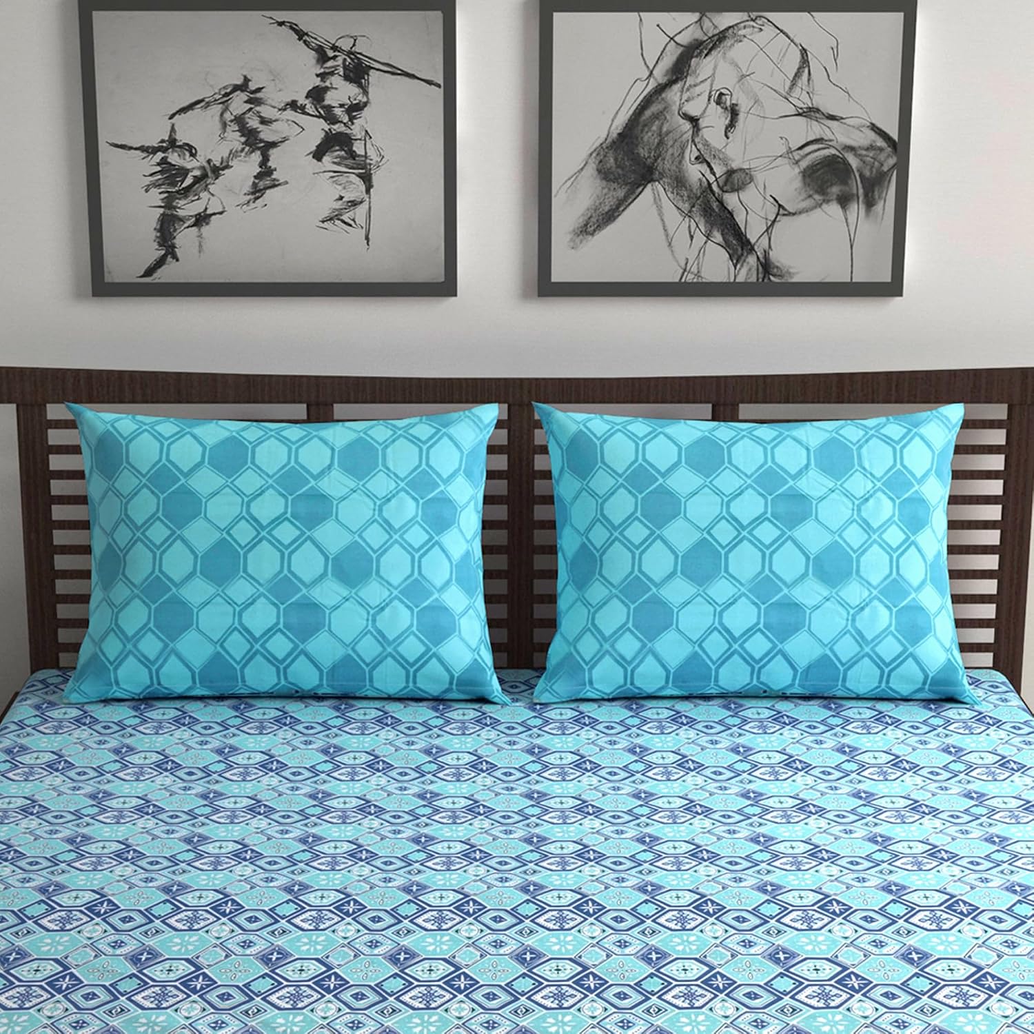100% Pure Cotton Double Bedsheet For Queen With 2 Pillow Covers - 87 X 100 Inches, Aqua & Blue | Soft & Durable For Everyday Use & Bedroom - All Season Comfort