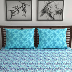 100% Pure Cotton Double Bedsheet For Queen With 2 Pillow Covers - 87 X 100 Inches, Aqua & Blue | Soft & Durable For Everyday Use & Bedroom - All Season Comfort