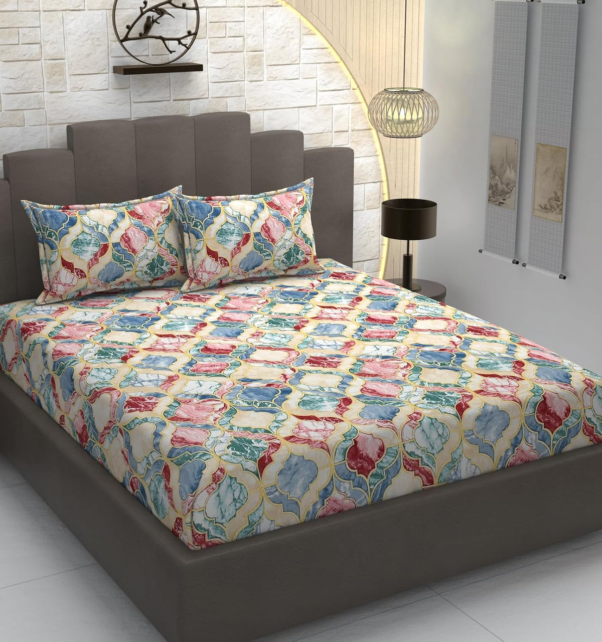 Cotton Premium Bedsheet For Double Bed With 2 Pillow Covers - 90 X 98 Inches, Multicolor | Traditional Printed - Soft, Breathable & Comfortable