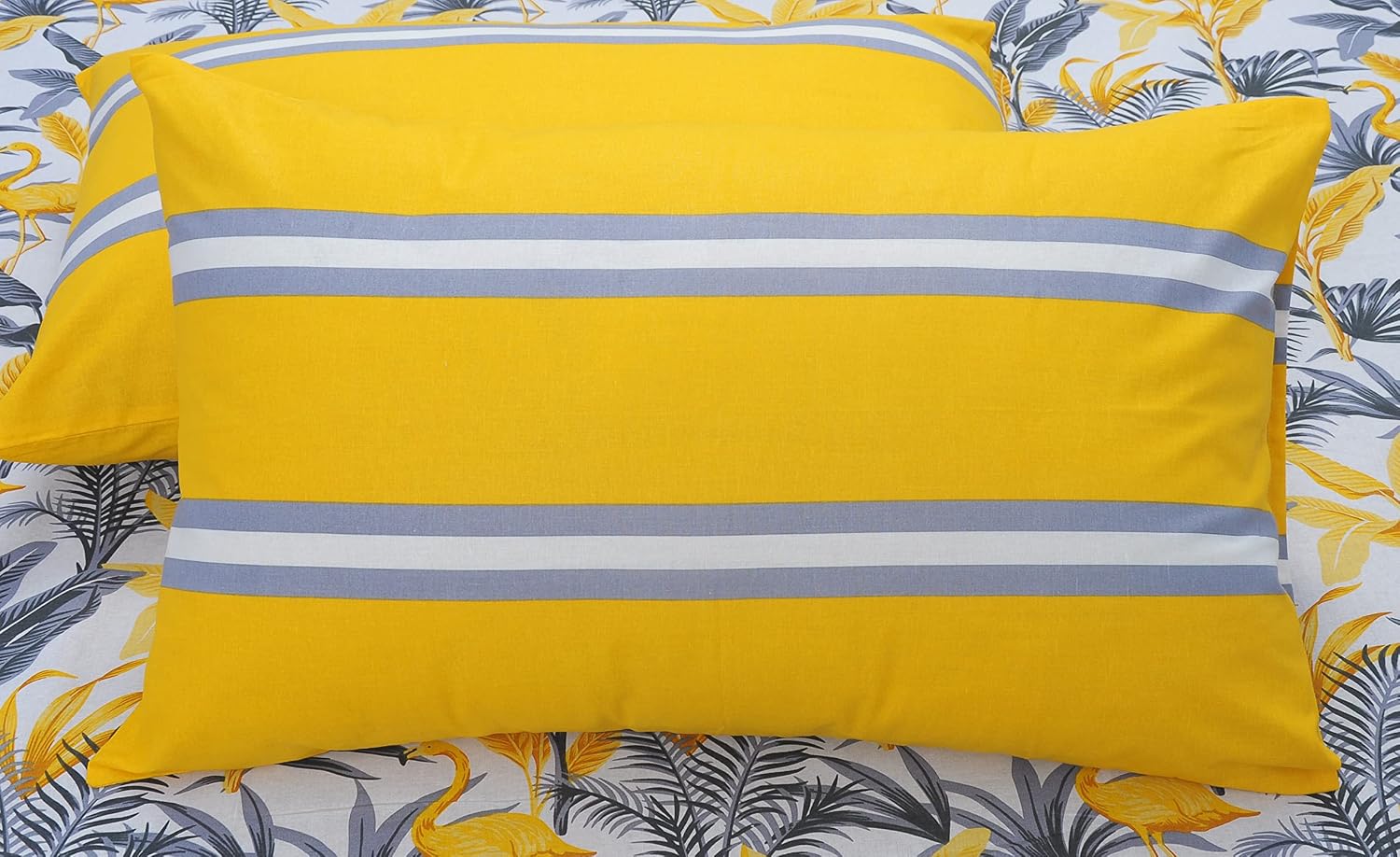Single Bedsheets With 1 Pillow Cover - 55 X 88 Inches, Flamingo & Stripes Yellow & Grey | Soft & Breathable Fabric | Comfortable For Daily Use