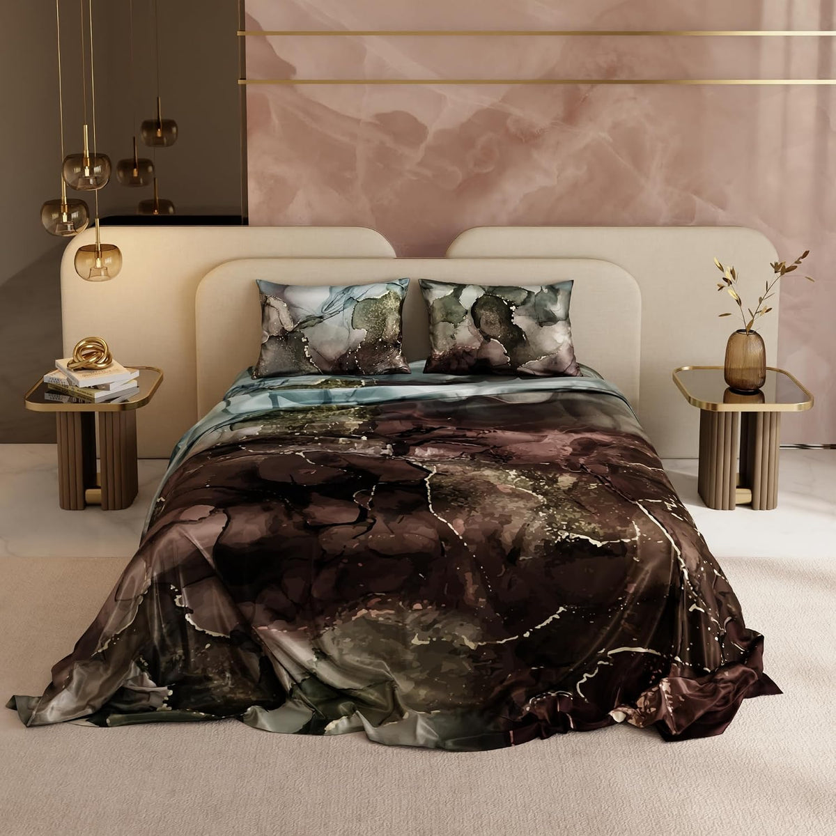 Super King Bedsheet With 2 Pillow Covers - 108 X 108 Inches, Moss Blue & Brown | Hypoallergenic, Breathable, Gentle On Skin & Hair, Fade & Wrinkle Resistant, Wedding Gift For Couples