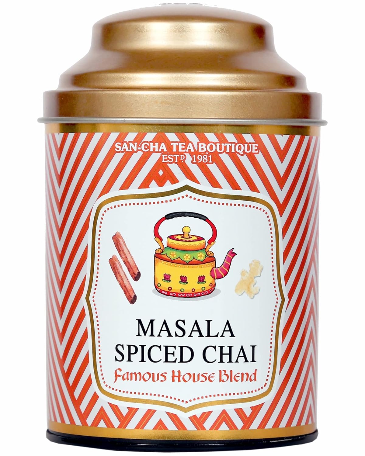 San-Cha Tea Boutique Masala Spiced Chai - 100gm, 3.5 Ounce | Original Masala Blend With Ginger, Cardamom & Cinnamon - Premium Assam Tea Blend | Medium Caffeine Loose Leaves