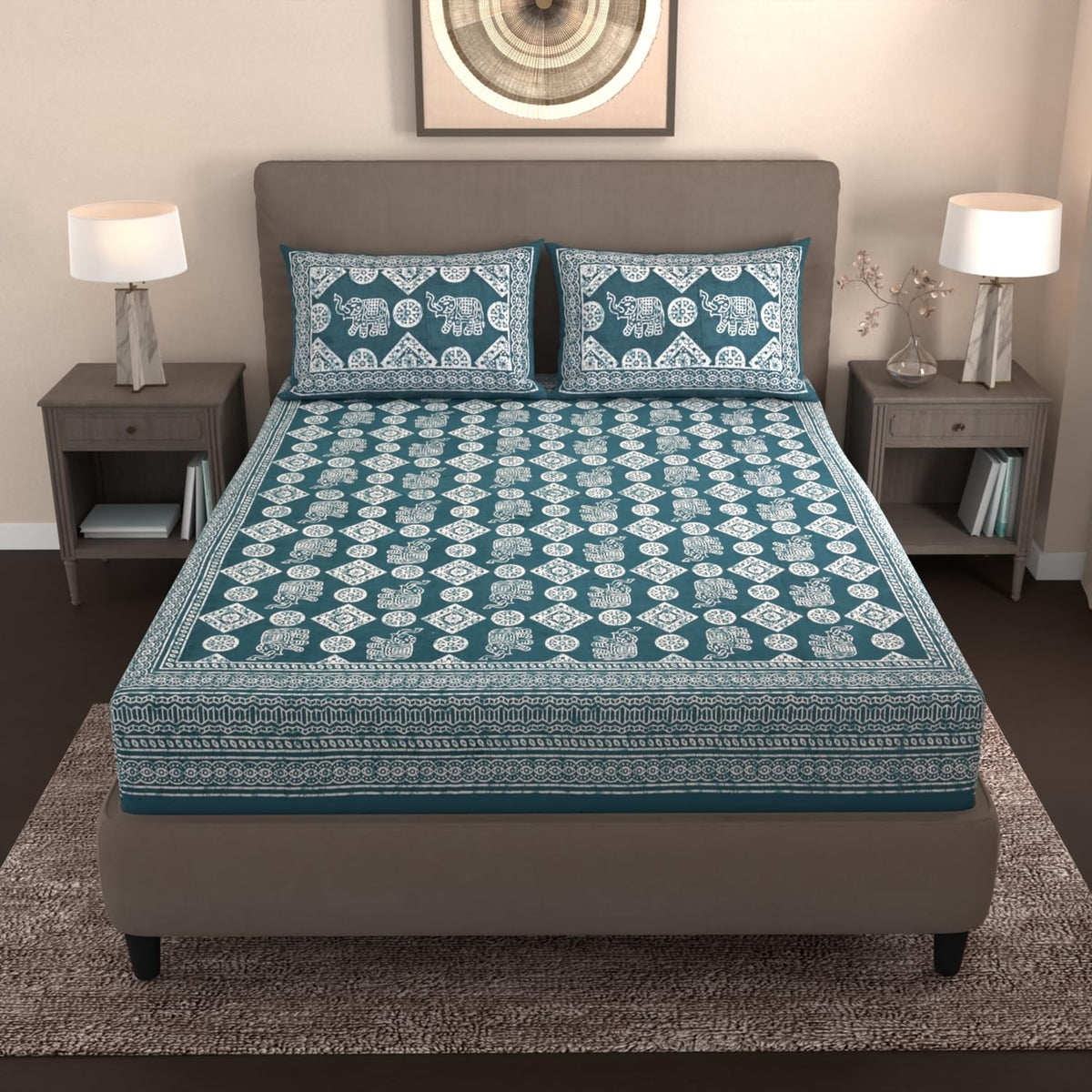 Printed Double Bedsheet For Queen Size With 2 Matching Pillow Cover | Size 90 X 100 Inches, Dark Green - Handloom Cotton Bedsheets For Double Bed | Soft & Smooth