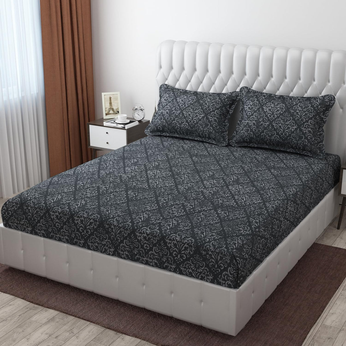 King Size Double Bedsheet For With 2 Pillow Covers - 72 X 78 X 8 Inches, Dark Grey | 300 Thread Count Breathable & Durable - Luxurious & Comfortable Bedsheet