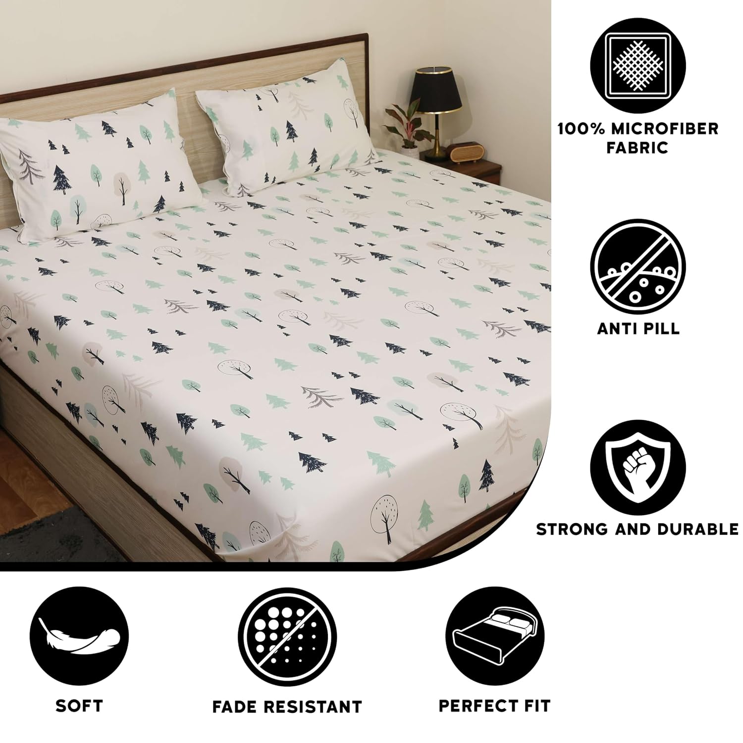 Bedsheet For Double Bed With Pillow Covers Soft Touch Flat Double Bedsheet - 90 X 100 Inch, White | Winter Forest Theme - Breathable, Wrinkle Bedsheet