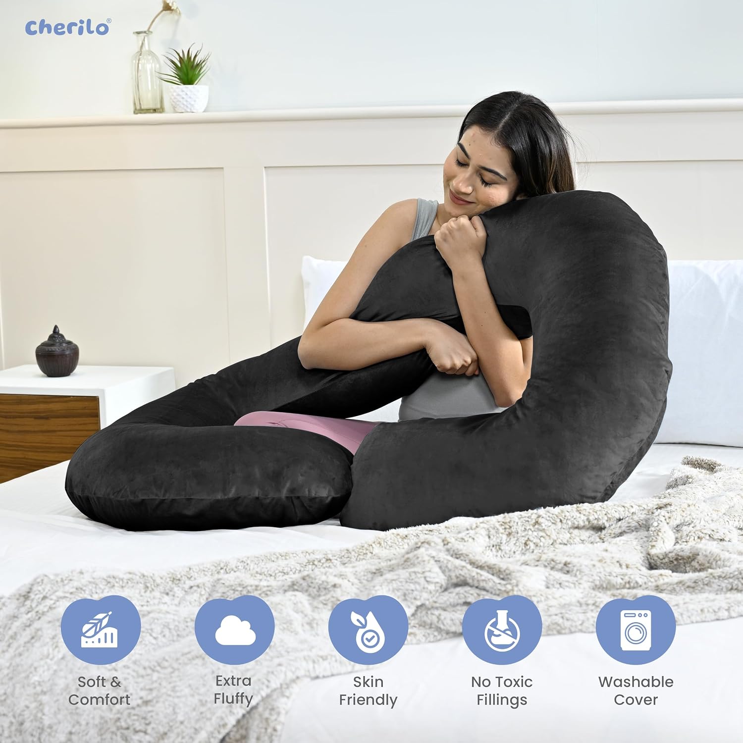 C Shaped Pregnancy Pillow For Maternity & Baby Nursing, Dark Grey Color | Full Body Support, Abdomen, Hip, Spine, Neck & Head Support Cushion | Premium Velvet Outer Cover With Zip, Comfy