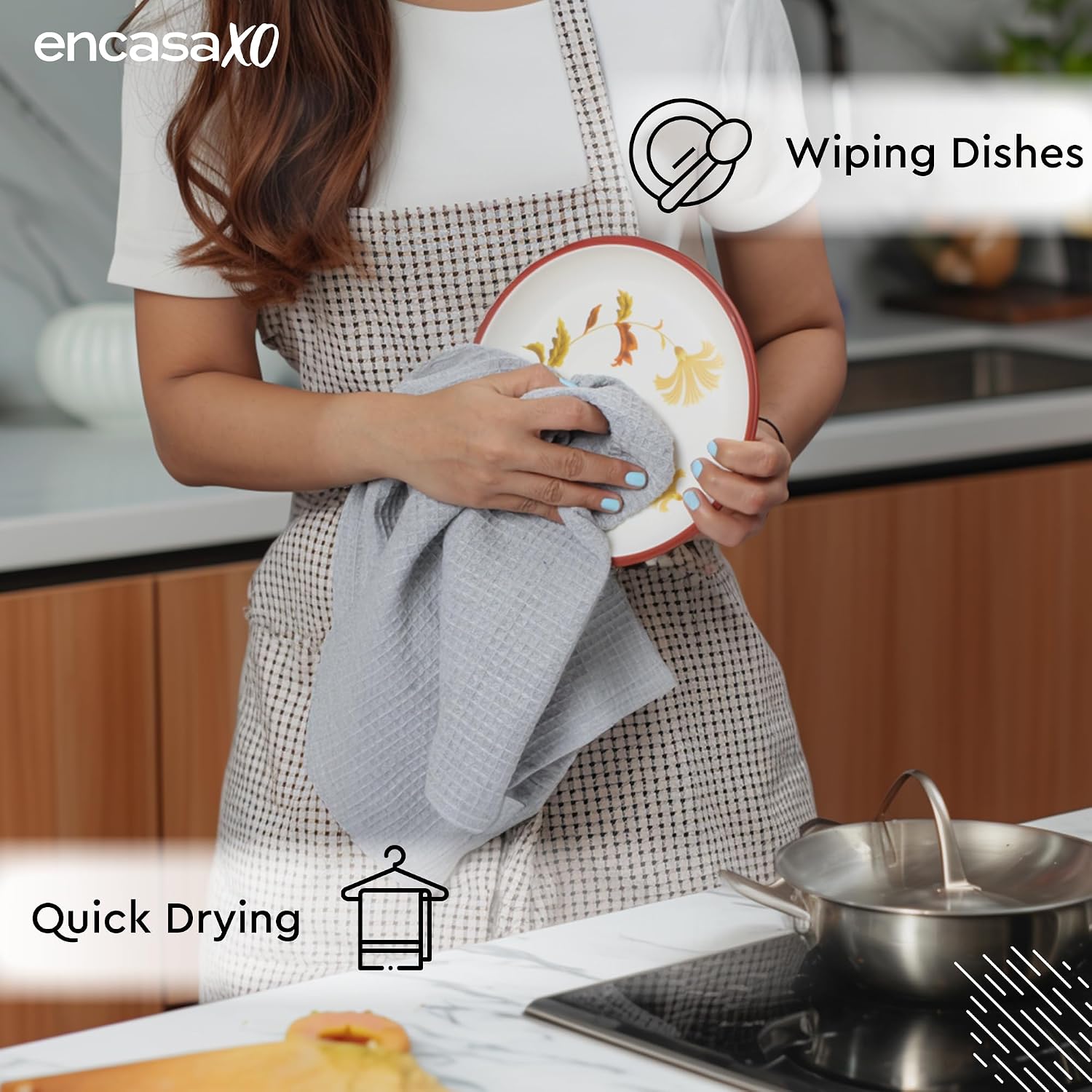 Encasa Xo Kitchen Dish Towels Set 320 Gsm | Waffle Weave & Flat Hand Tea Towel | Quick Drying Reusable Cotton Washcloths | Set Of 4 (Light Grey)