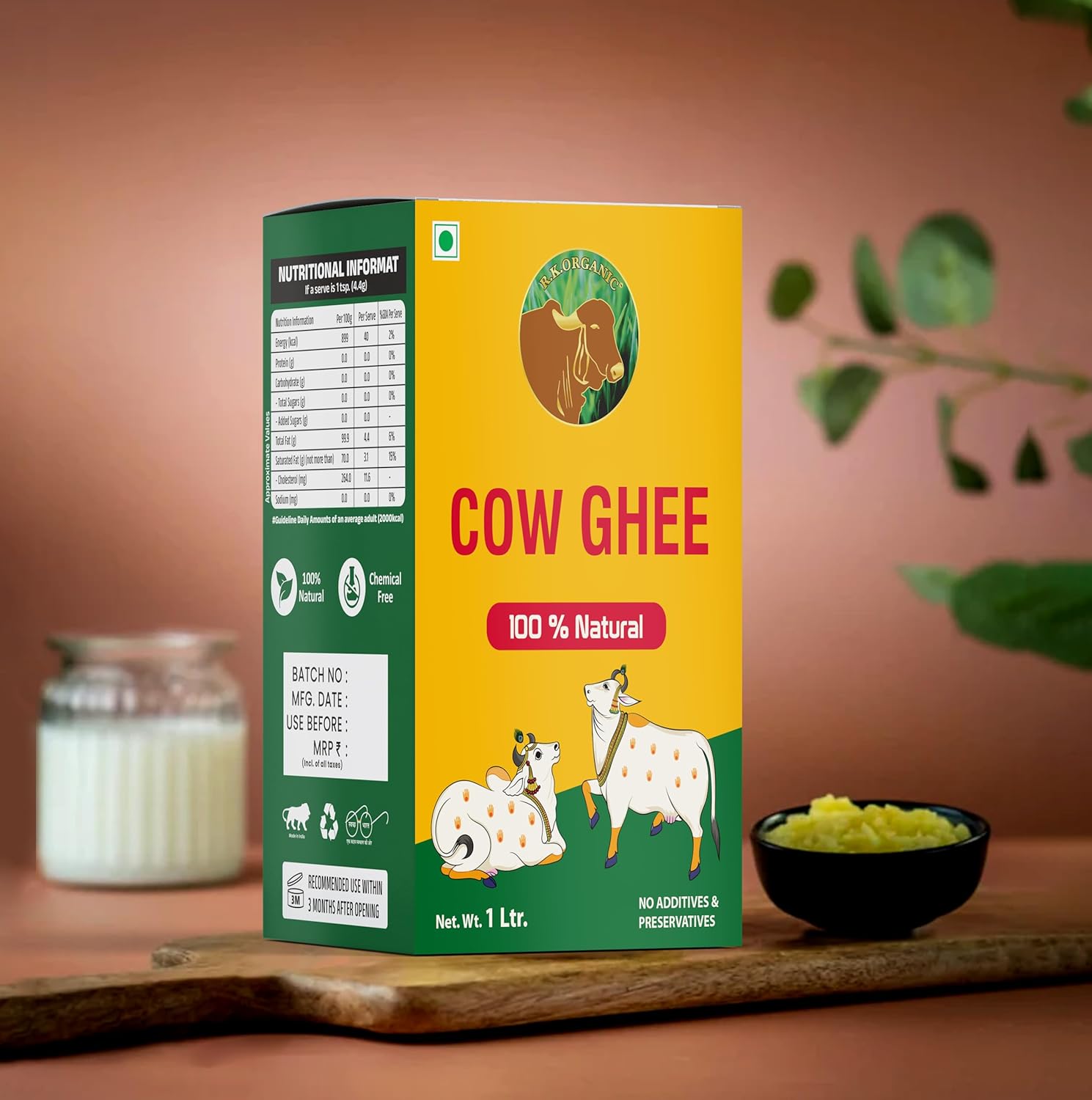 Organic Desi Cow Ghee By R. K. Organic | Good Source Of Vitamin A, Delicious, Healthy & Nutritious Homemade Desi Ghee | (1 Litr) 33.8 Ounce | Box Pack