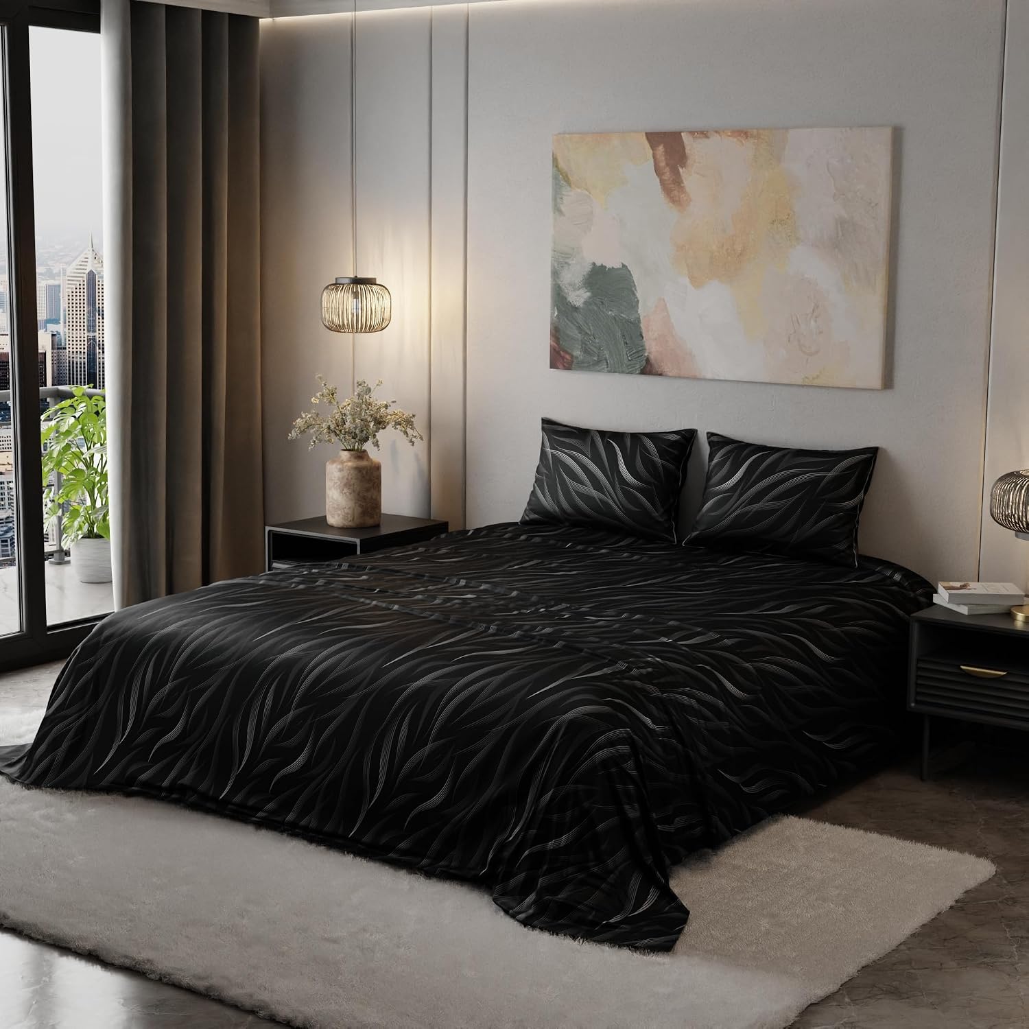 Super King Bedsheet With 2 Pillow Covers & Comforter - 108 X 108 Inches, Black | Hypoallergenic, Breathable, Gentle On Skin & Hair, Fade & Wrinkle Resistant, Wedding Gift For Couples