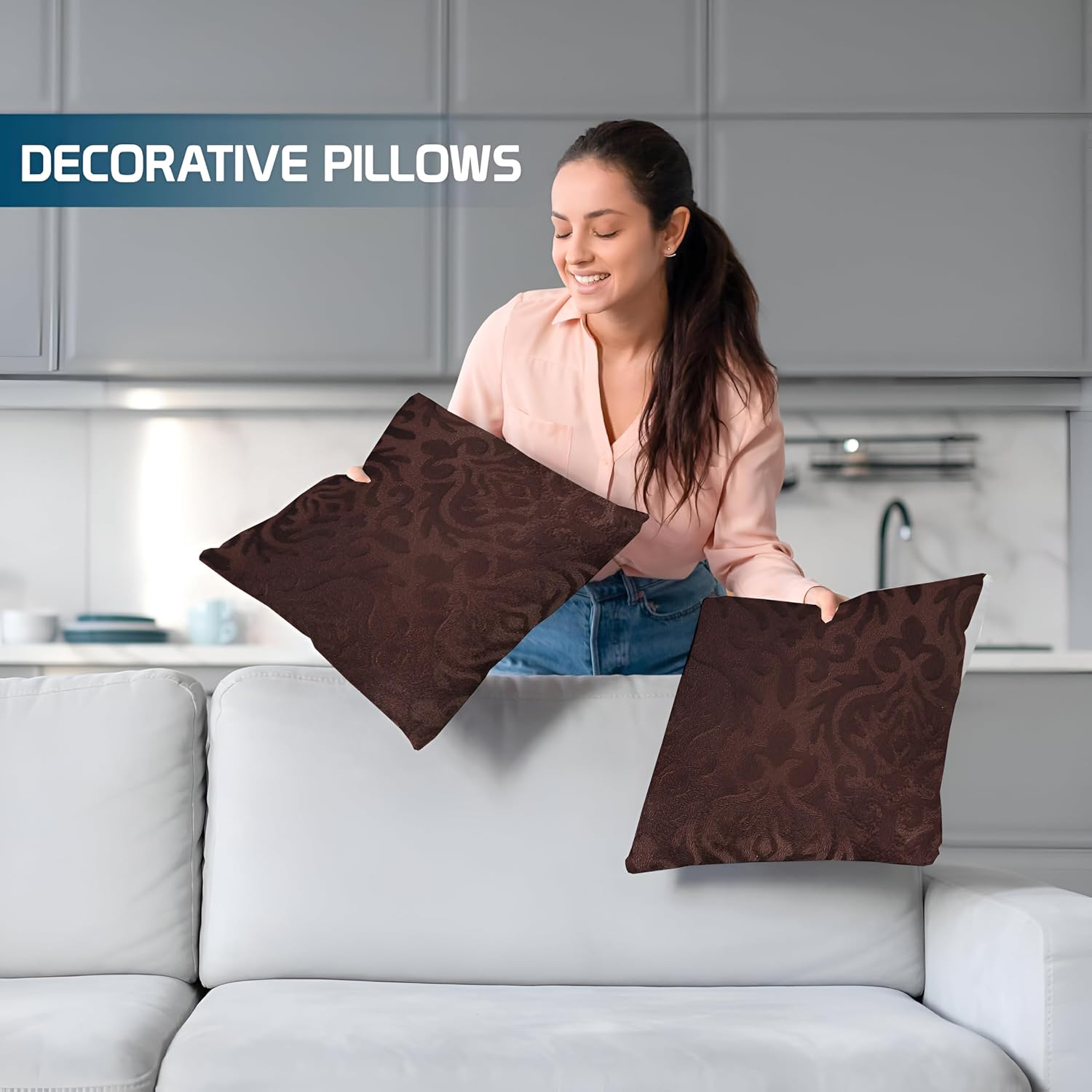 Microfiber Square Pillow Cushion For Sofa & Bed, Coffee - 12 X 12 Inch | Soft, Fluffy For Comfort & Back Support | Breathable, Washable | Premium Velvet Outer Cover With Zip - Set Of 3