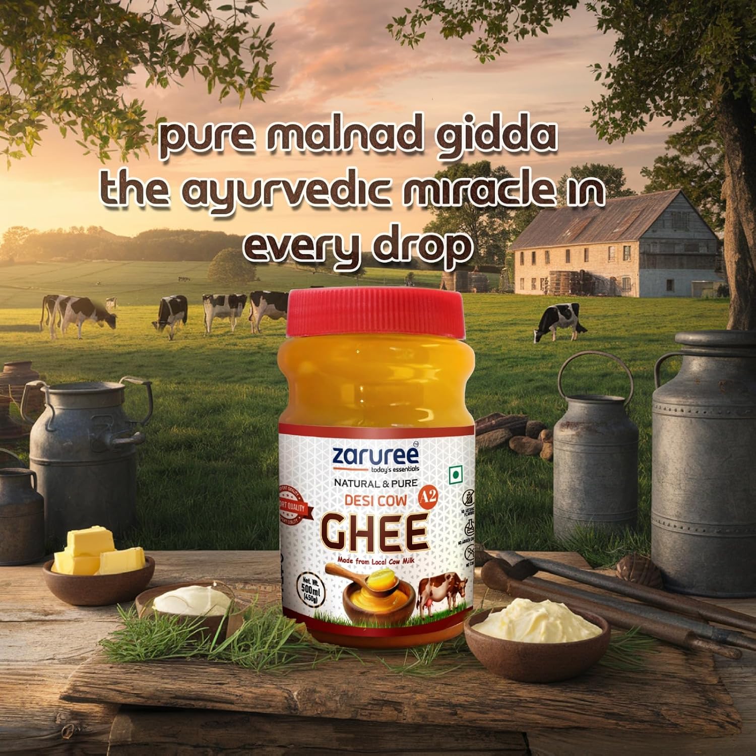 Pure A2 Desi Cow Ghee By Zaruree | Rich In Vitamins A, D & K Healthy Nutrients Malnad Gidda Breed Cow Desi Ghee For Bones Health | 1.5 Litre (500ml * 3) 50.7 Ounce | Jar Pack
