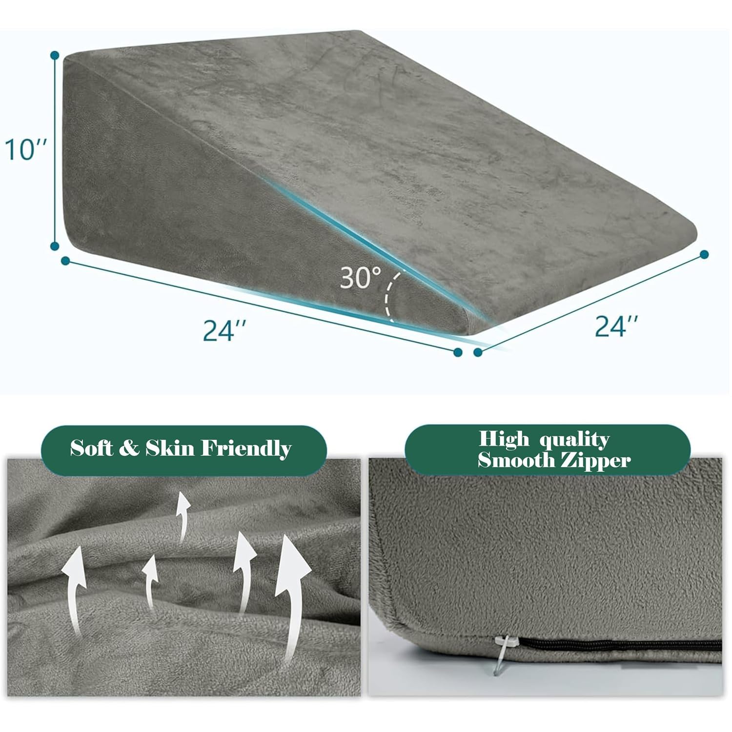 Wedge Pillow, Back Support Pillow For Neck Pain, Medium Firm, Grey Color | Pillow For Headaches, Reflux, Shoulders, Back Pain & High Resilience, Velvet Fabric, Adjustable Pillow - Pack Of 1