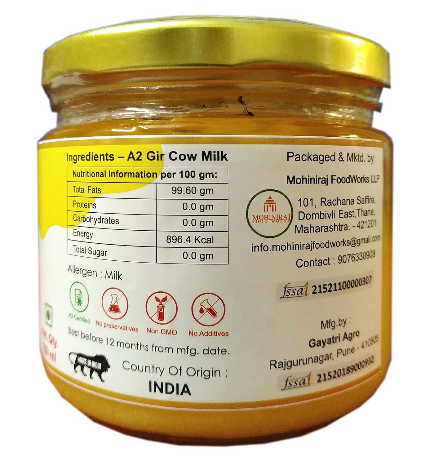 Natural A2 Gir Cow Bilona Ghee By Krushang | Traditionally Hand Churned Bilona Method Healthy Pure Desi Ghee Helps In Weight Loss | (250ml) 8.4 Ounce | Jar Pack
