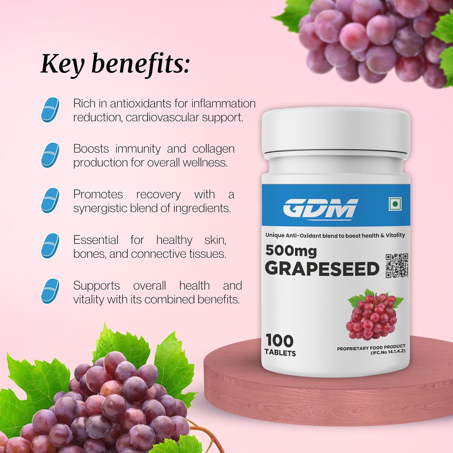 Gdm Grape Seed 500mg Antioxidant Supplement, Boost Health, Vitality, Immunity Booster, Healthy Skin & Bones For Men & Women |100 Veg Tablets 100gm 0.2lbs