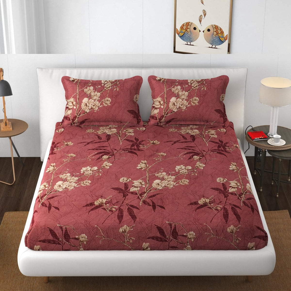 Elastic Fitted Double Bedsheets For King Size With 2 Pillow Covers - 72 X 78 X 10 Inches, Maroon | Premium Heavy Cotton All Around Elastic Fitted | Ideal For Hotel, Home, Bedroom