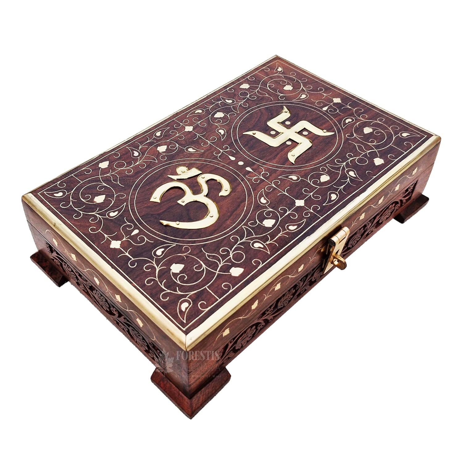 Wooden Om Box For Good Luck Jewellery Box, Decorative Case Kit, Vanity, Organiser For Women, Necklaces, Cash, Gold Sparkling Edge,11 X 7, Colour - Brown