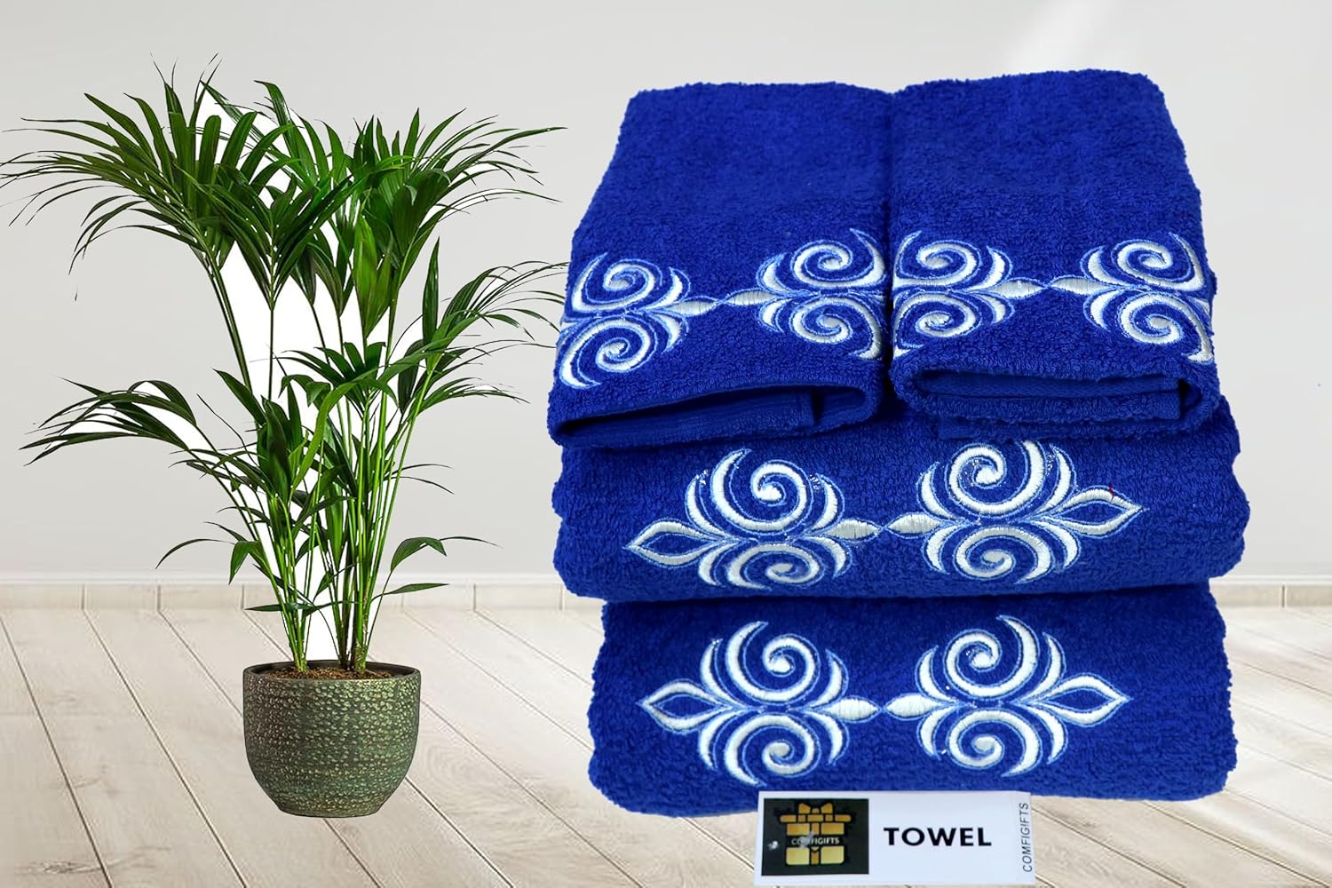 Comfigifts 100% Cotton 2 Bath & 2 Hand Towels 1400 Gsm | Soft, Absorbent, Lightweight Towels With Computerized Embroidery (Royal Blue D1)