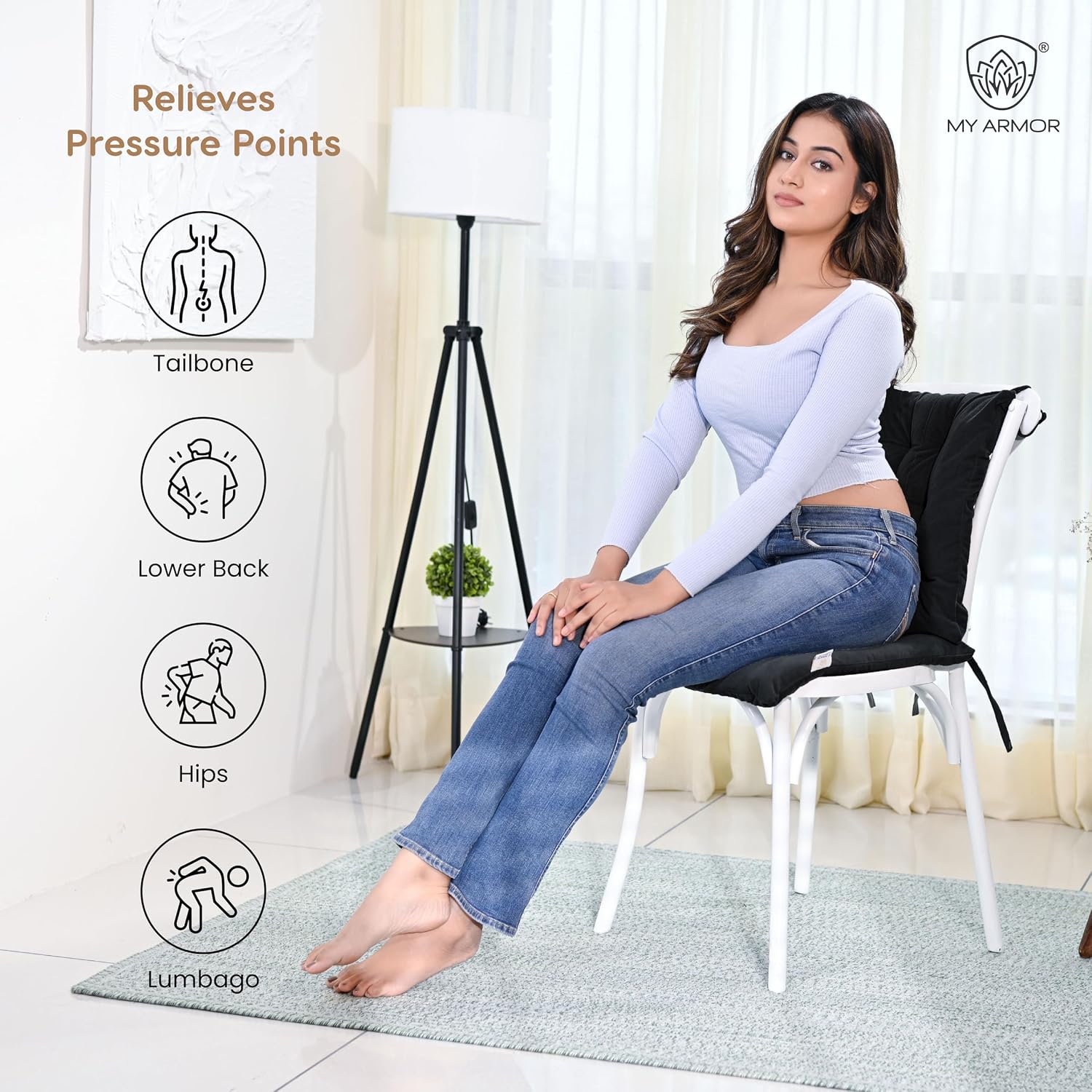 Square Chair Pads Cushion, For Comfortable Sitting, Black Color - 40 X 40 Cm | Seat Cushions With Ties For Sitting, Pooja, Dining & Office Table | Furniture Cushion, Washable - Pack Of 2