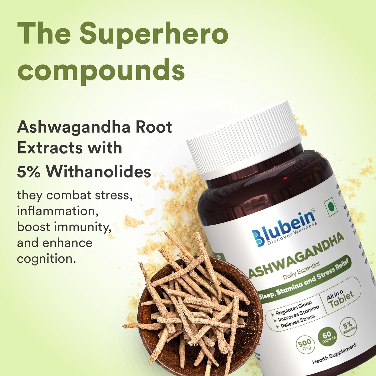 Blubein Ashwagandha Natural Stress Reliever, Enhances Physical Performance 500mg With 5% Withanolides, For Stress Relief & Anxiety Reduction | 60 Tablets 100gm 0.2lbs