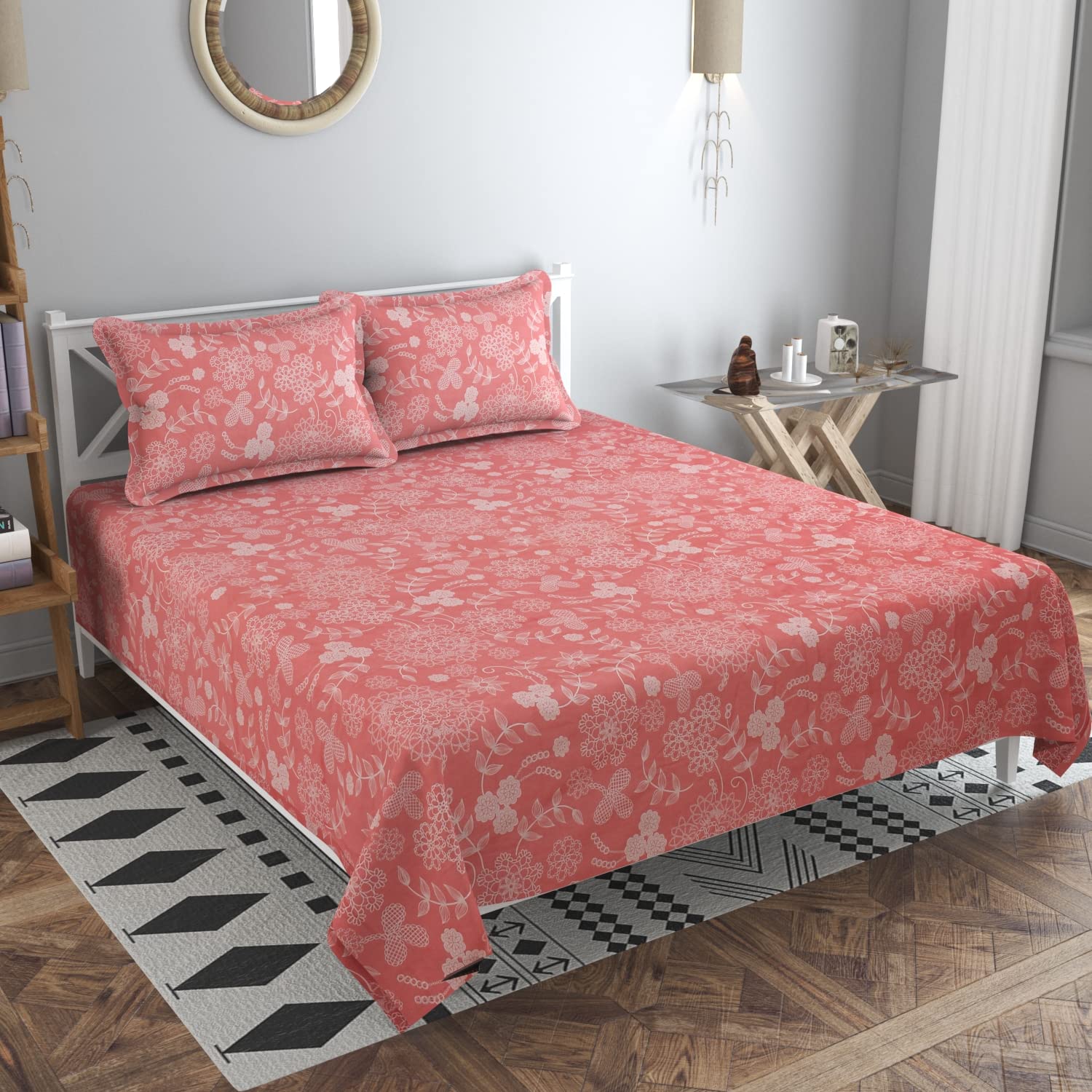Designer Double Bedsheet King Size With 2 Matching Pillow Covers - 90 Inch X 100 Inch, Pink | Breathable & Wrinkle Free Smooth Bedding Set