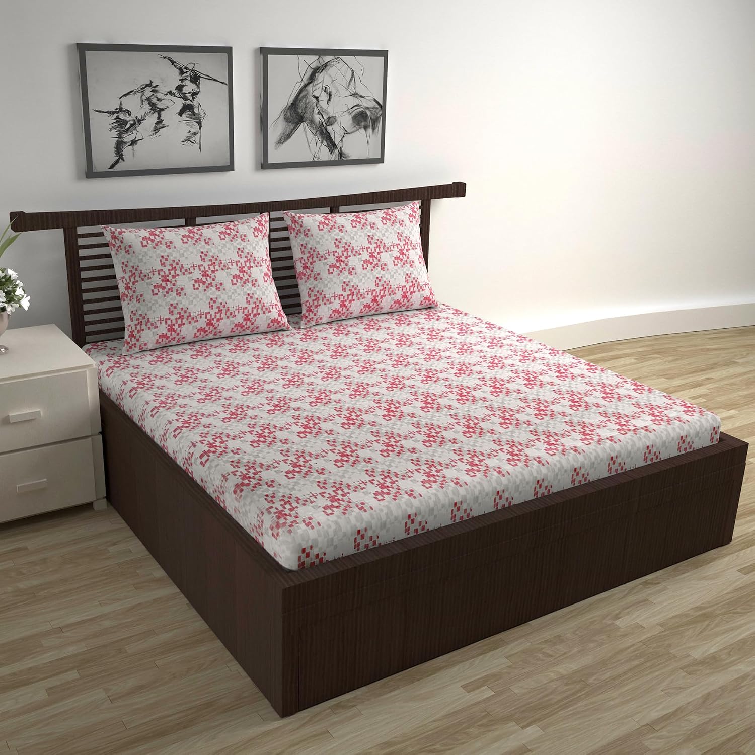 Cotton Double Bedsheet With 2 Pillow Covers - 87 X 100 Inches, Grey & Red | Smooth & Comfortable For Daily Use - All Weather Coziness & Bedroom Style