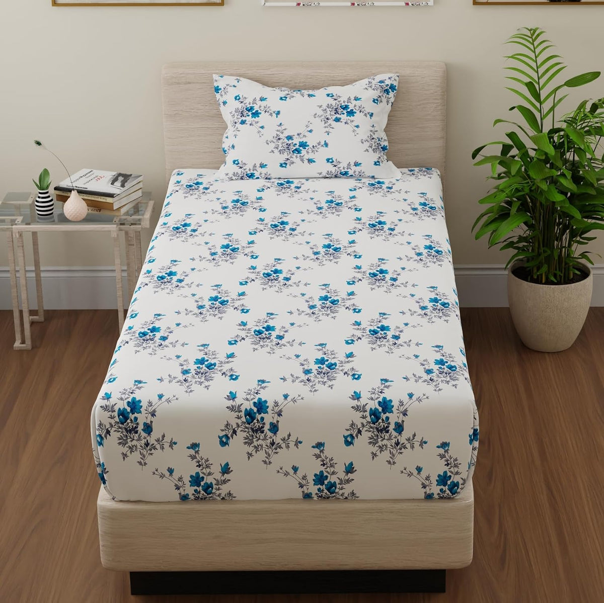 Print Single Size Bedsheet With 2 Pillow Cover - 55 X 88 Inches, White & Blue | Soft & Comfortable Feel To Your Skin | Machine Wash In Cold Water