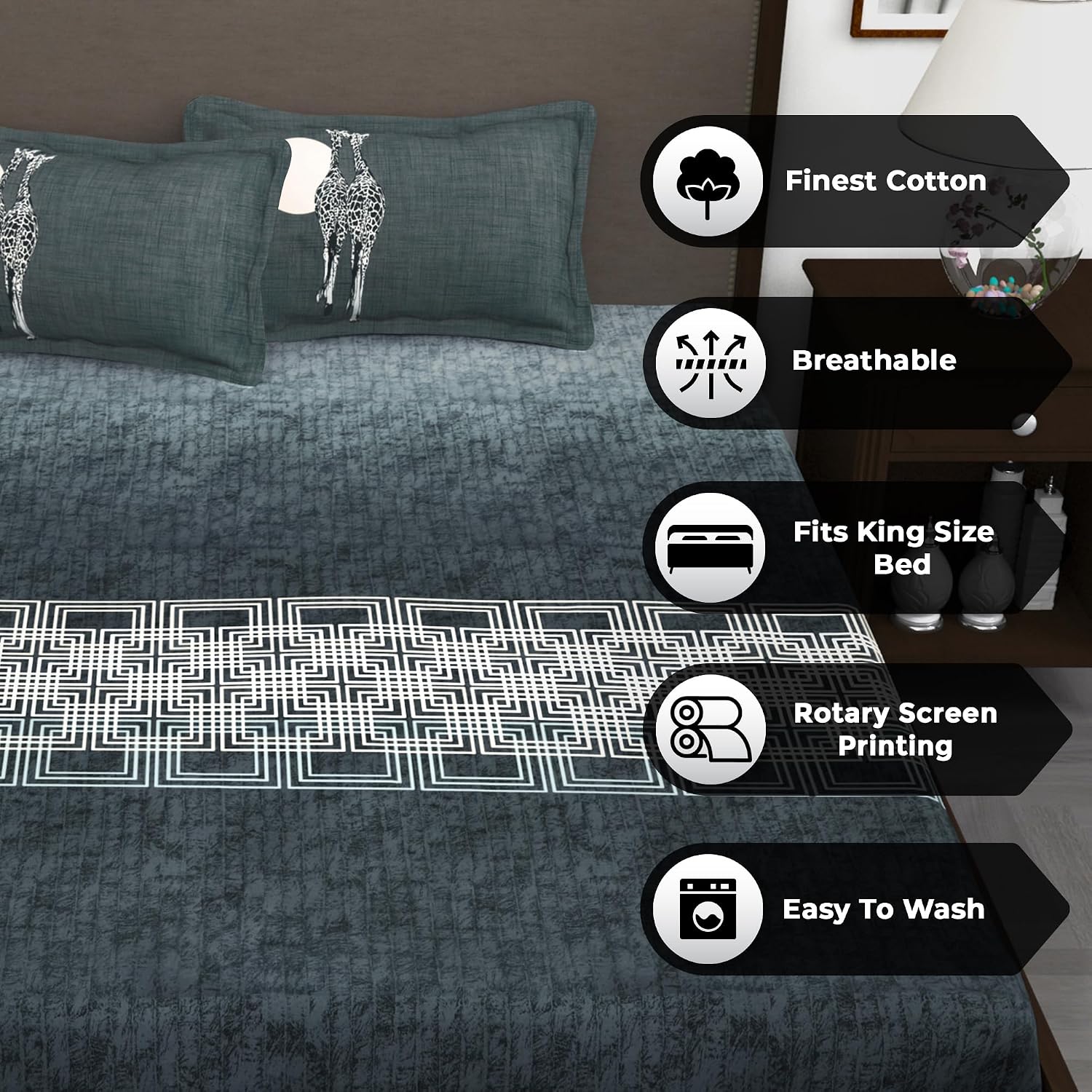 Soft Bedsheet For King Size Bed With 2 Matching Pillow Cover | 106 X 106 Inches, Grey & White | Skin-Friendly Touch & Lasting Comfort - Soft & Breathable