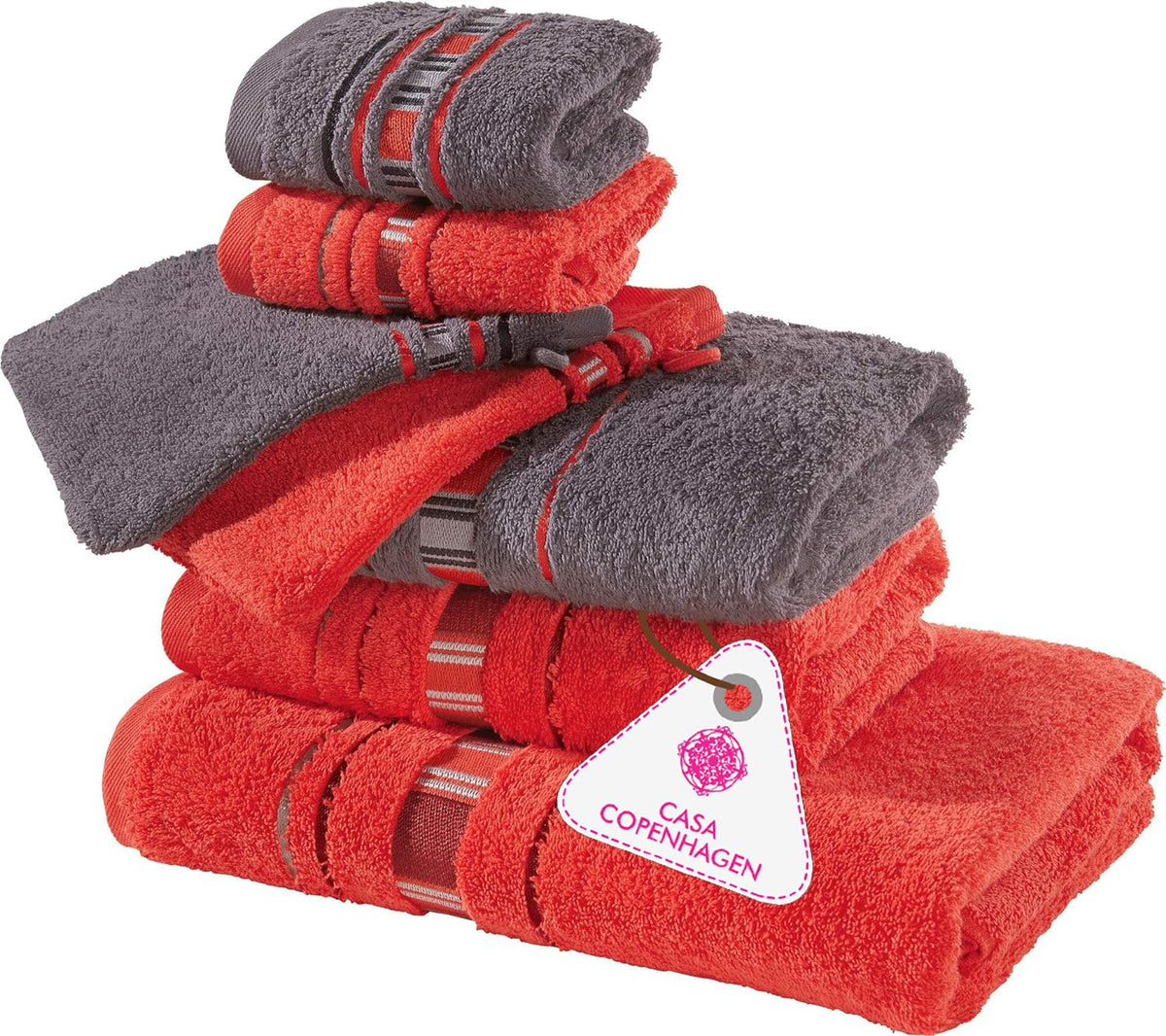 Casa Copenhagen Egyptian Design 2 Bath + 2 Hand & 2 Face Towels 1800 Gsm | He & She X Line Collection 100% Cotton 6 Piece Towel Set - Grey & Red