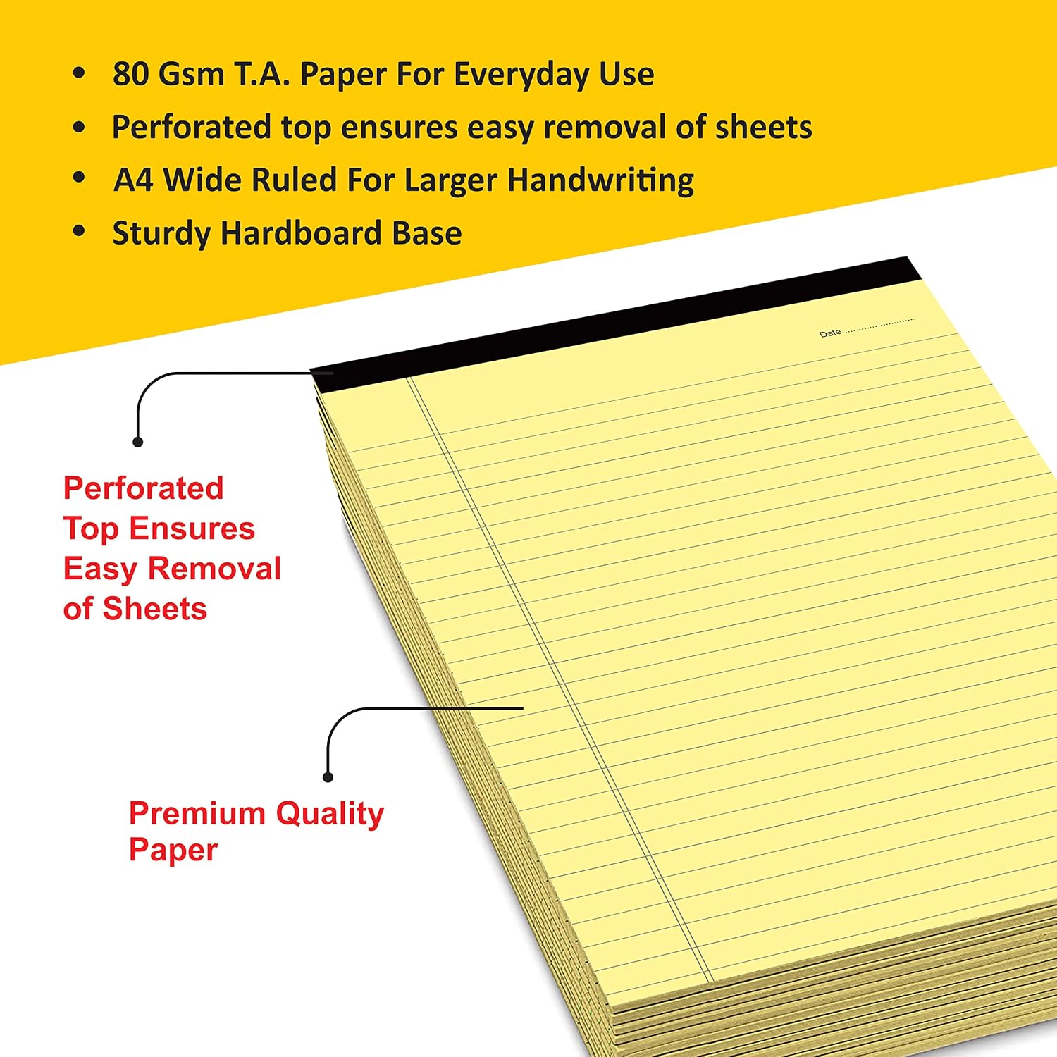 Office Notepads, A4 Size Legal/Wide Ruled, Colours Writing Office & Memo Pads (Yellow) Pack Of 1