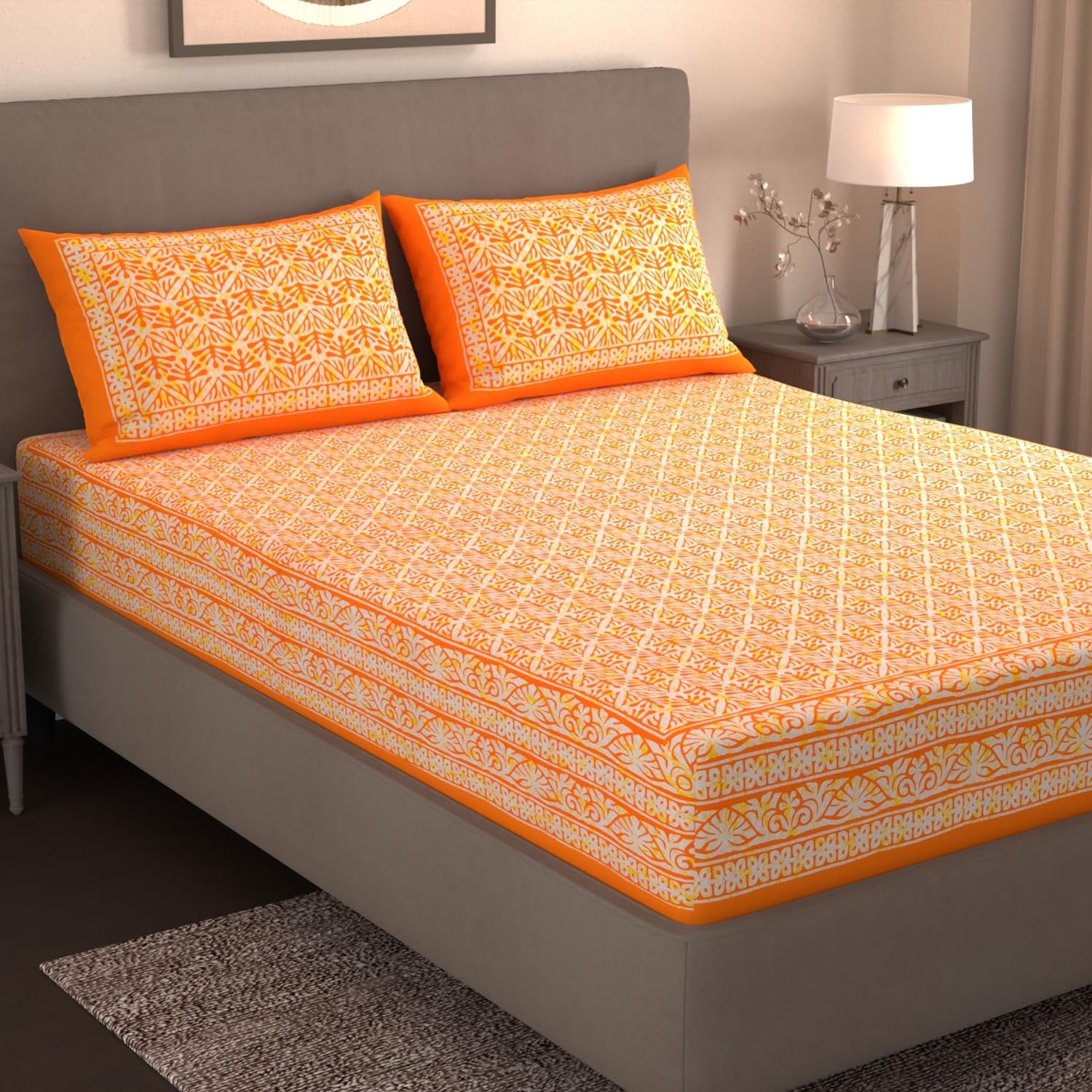 Handloom Printed Double Bedsheet For Queen Size With 2 Matching Pillow Cover | Size 90 X 100 Inches, Orange - Cotton Bedsheets For Double Bed | Soft & Smooth