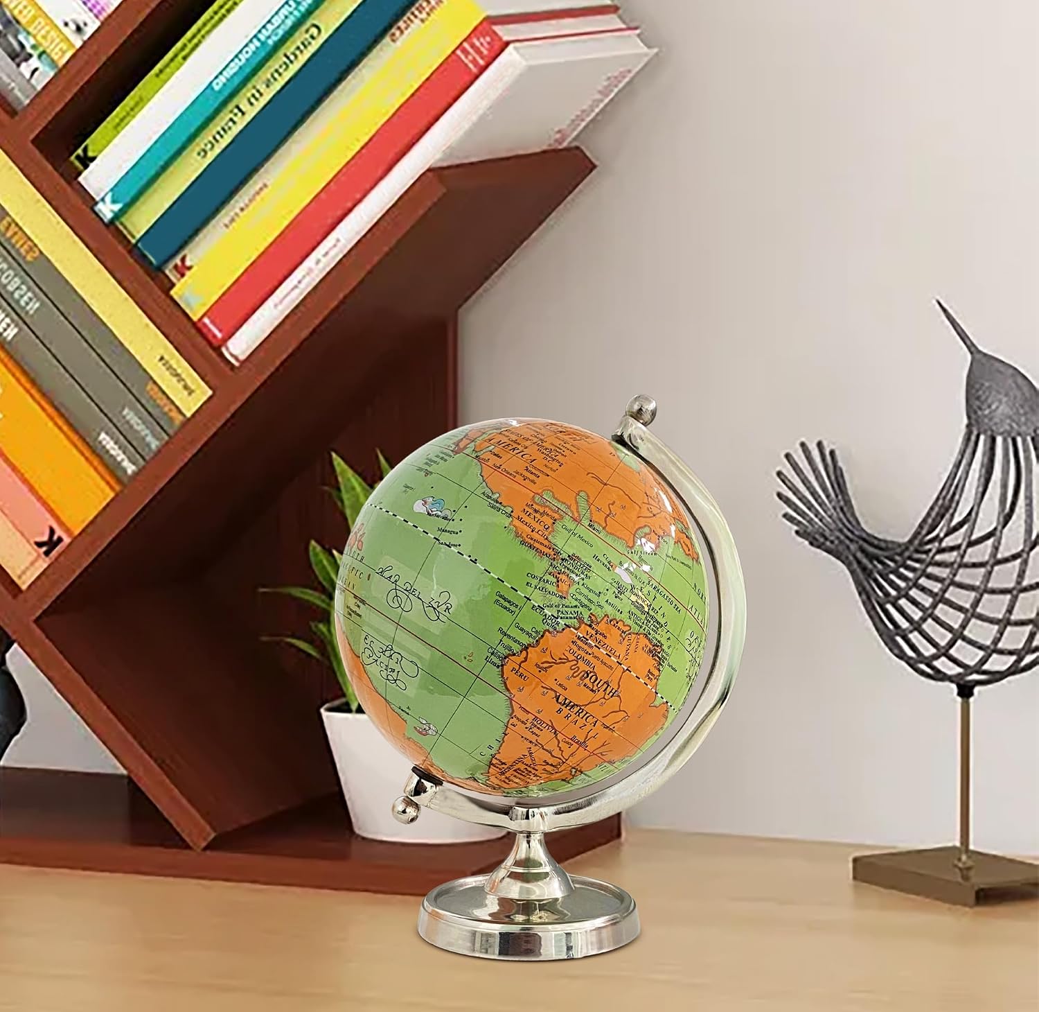 Light Green Earth Globe For Desk & Office Decor 6 Inch Classy Desktop World Rotating Globe With Silver Stand (Not Plastic) Perfect For Bookshelf & Table, Pack Of 1