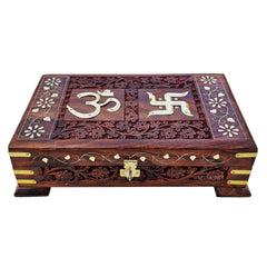 Wooden Om Box For Good Luck Jewellery Box, Decorative Case, Kit Vanity Organiser For Women, Necklaces, Cash, Gold 10 X 6 Passe Plain, Colour - Brown