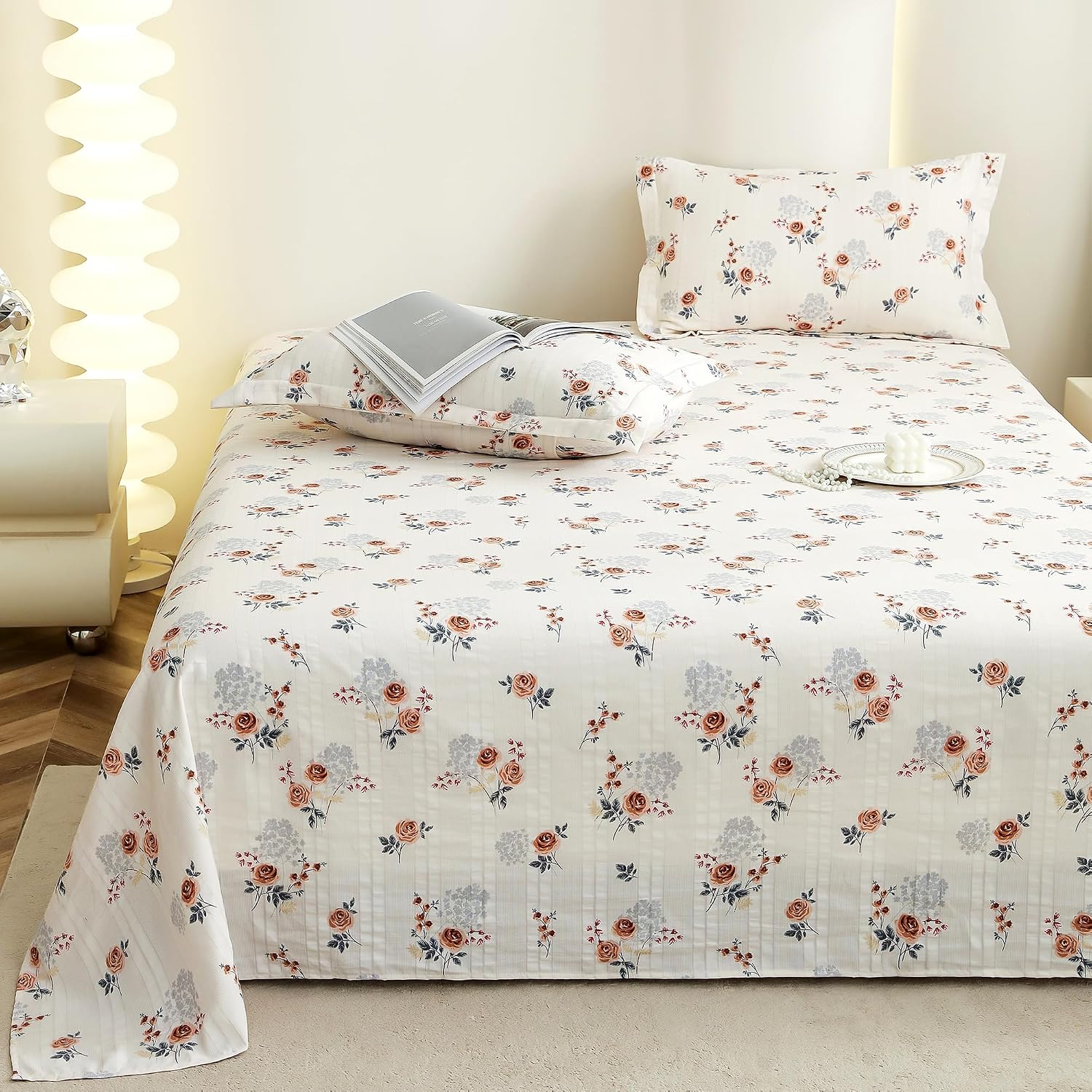 Flat Bedsheet For King Size With Two Pillow Covers - 100 X 108 Inches, White & Brown | Super Soft Bed Sheet For King Size Bed | Floral Design
