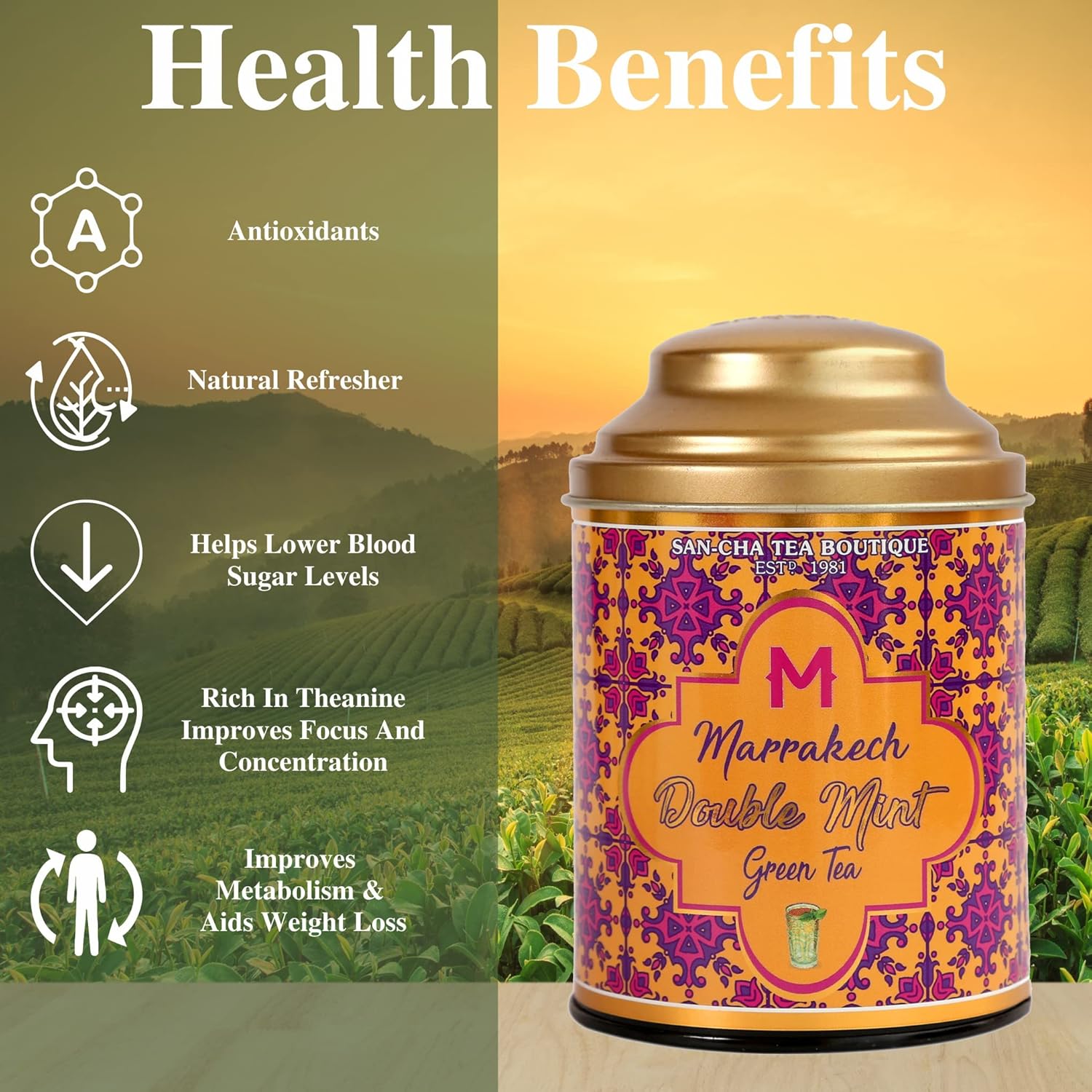 San-Cha Marrakech Double Mint Green Tea - 100gm, 3.5 Ounce, 300 Cups | Blend Of Peppermint & Spearmint Leaves - Improves Metabolism | Low Caffeine Loose Leaf Tea