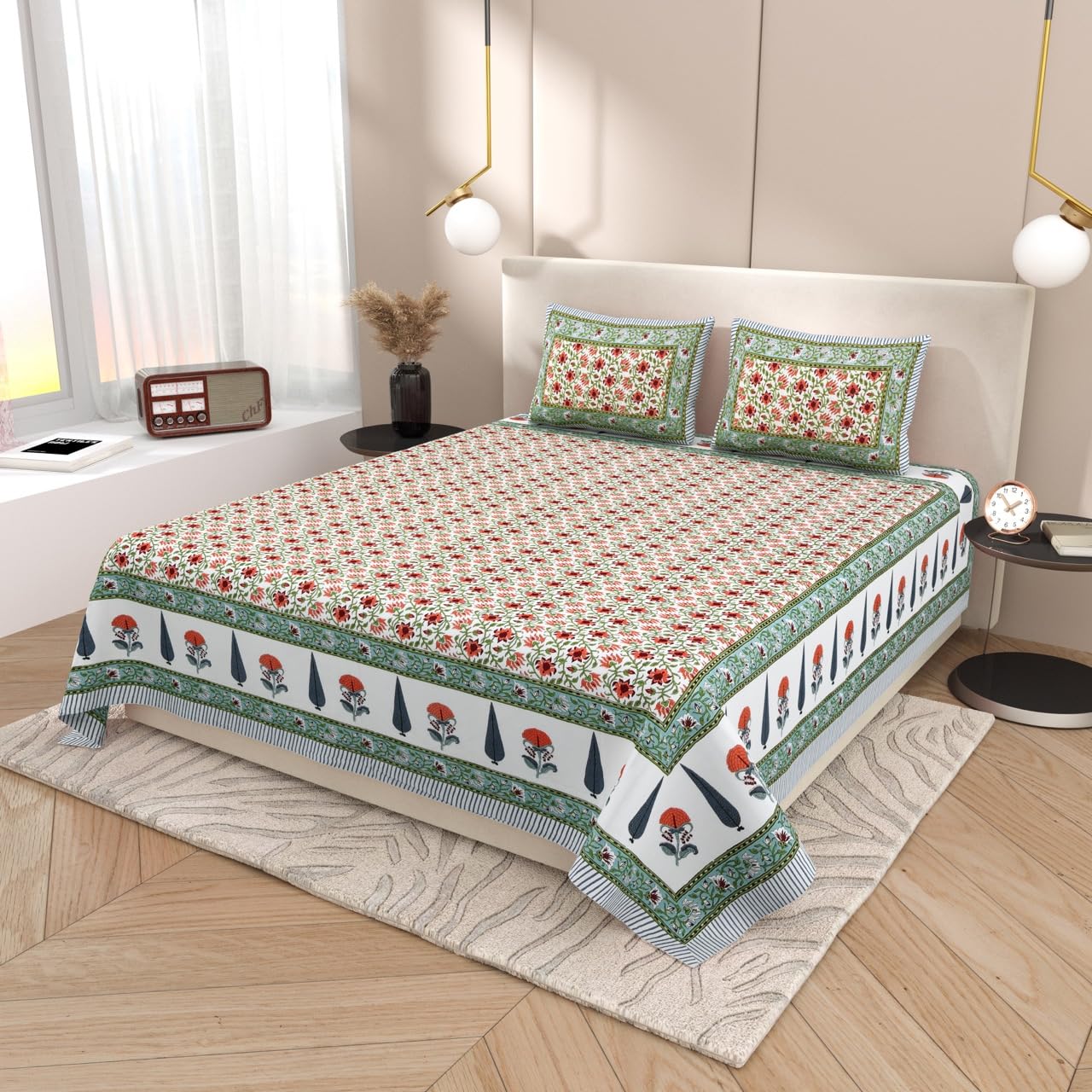 Pure Cotton Double Bedsheet For King Size With 2 Pillow Covers | 90 X 108 Inches, Blush & Green | Ultra-Soft & Skin-Safe | Breathable Summer Comfort
