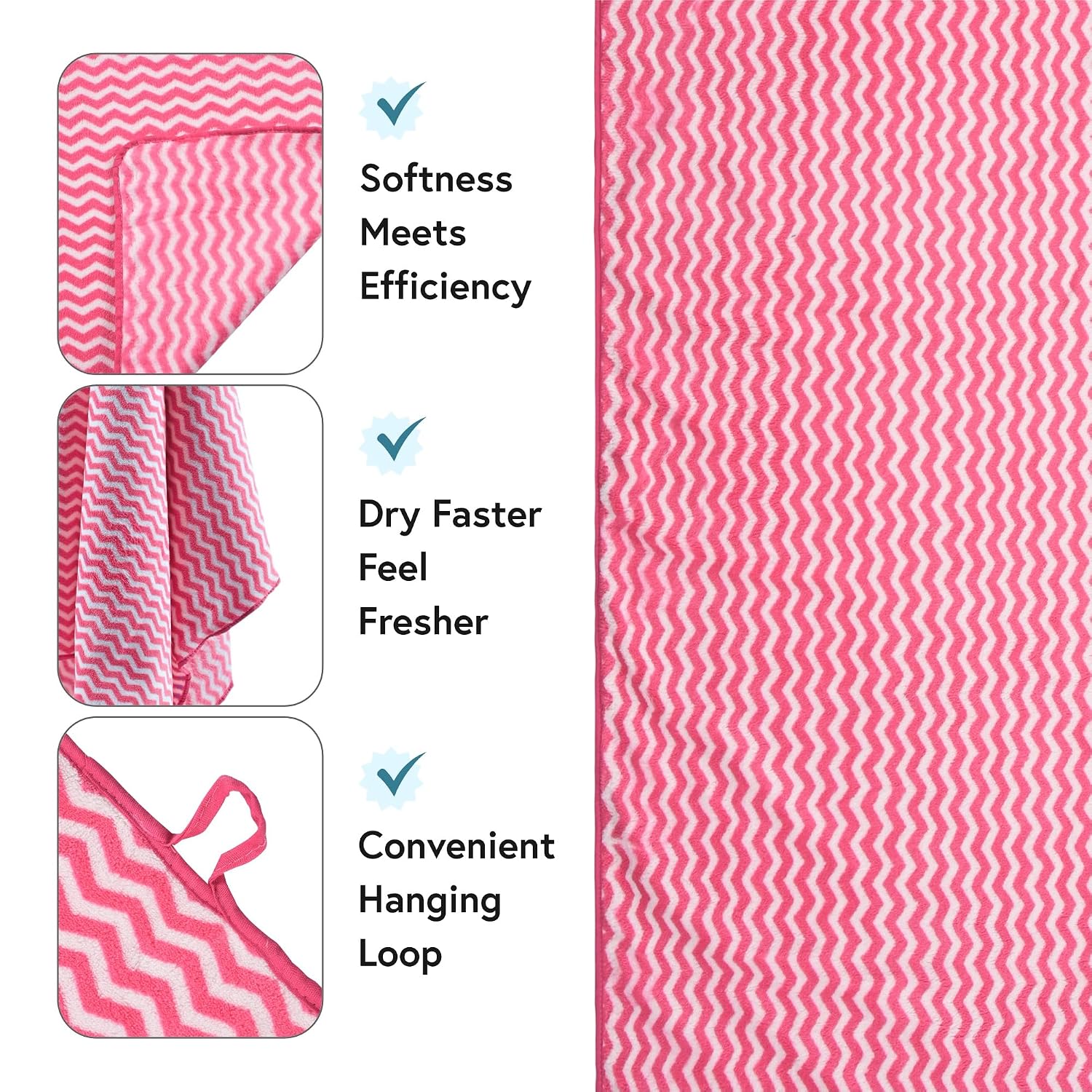 Kuber Industries Microfiber Bath Towel 1050 Gsm | Large Size Soft Quick Dry & Absorbent Shower Bath Towel (Zig Zag- Pink)- Pack Of 3