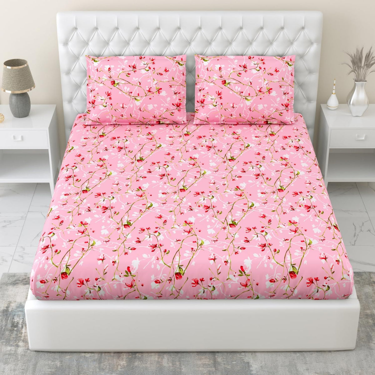 Queen Size Bed For Elastic Fitted Bedsheet With 2 Pillow Covers | 50 X 78 X 10 Inches, Pink & Red | Softness, Durability & Comfort | Perfect For Everyday Use