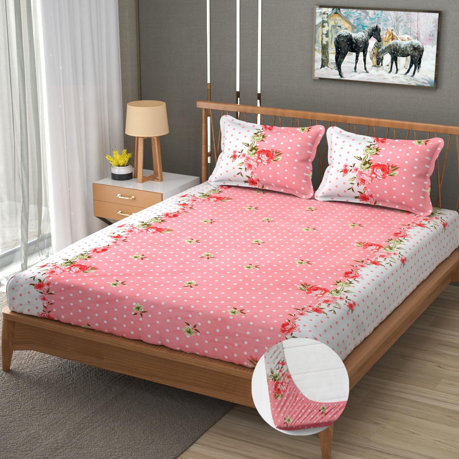 Premium Heavy Cotton Elastic Fitted King Size Bedsheet With 2 Pillow Covers - 72 X 78 X 10 Inches, Pink & White | All Weather Comfort & Bedroom
