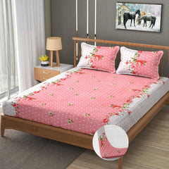 Premium Heavy Cotton Elastic Fitted King Size Bedsheet With 2 Pillow Covers - 72 X 78 X 10 Inches, Pink & White | All Weather Comfort & Bedroom