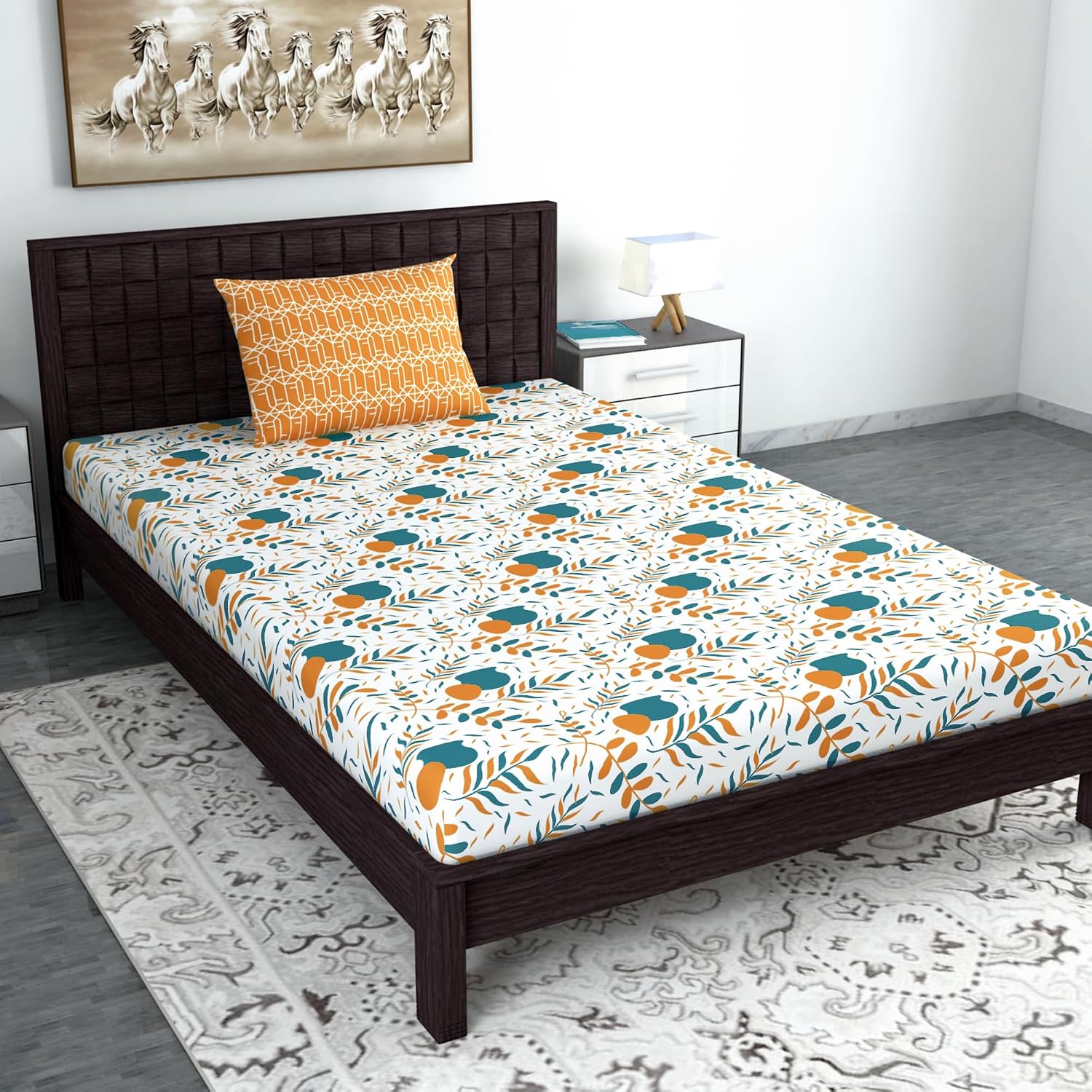 1 Single Bedsheet With 1 Pillow Cover - 57 X 87 Inches, White & Mustard | Skin Friendly Fabric For Everyday Use - Soft, Breathable & Comfortable Sleeping