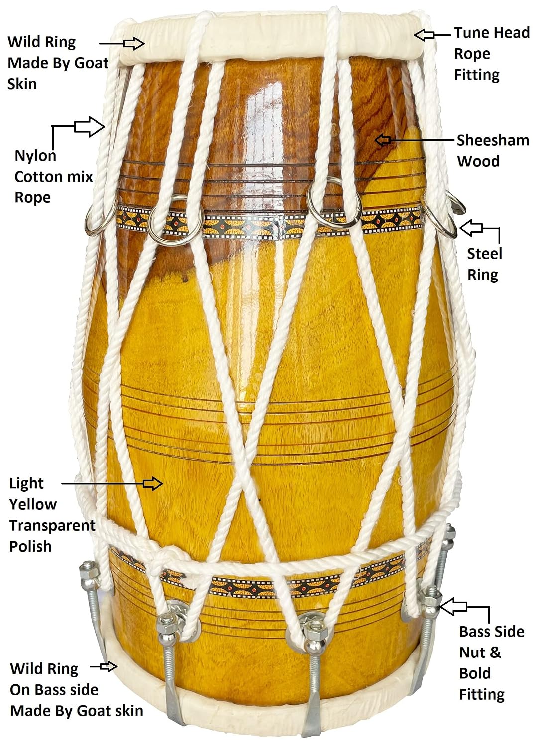 Handmade Bhajan Kirtan Sheesham Wood Dholak With Yellow Glassy Glass Transparent Polish - Yellow | Wild Goat Skin Made Ring Fitting By Nut Bolt & Rope