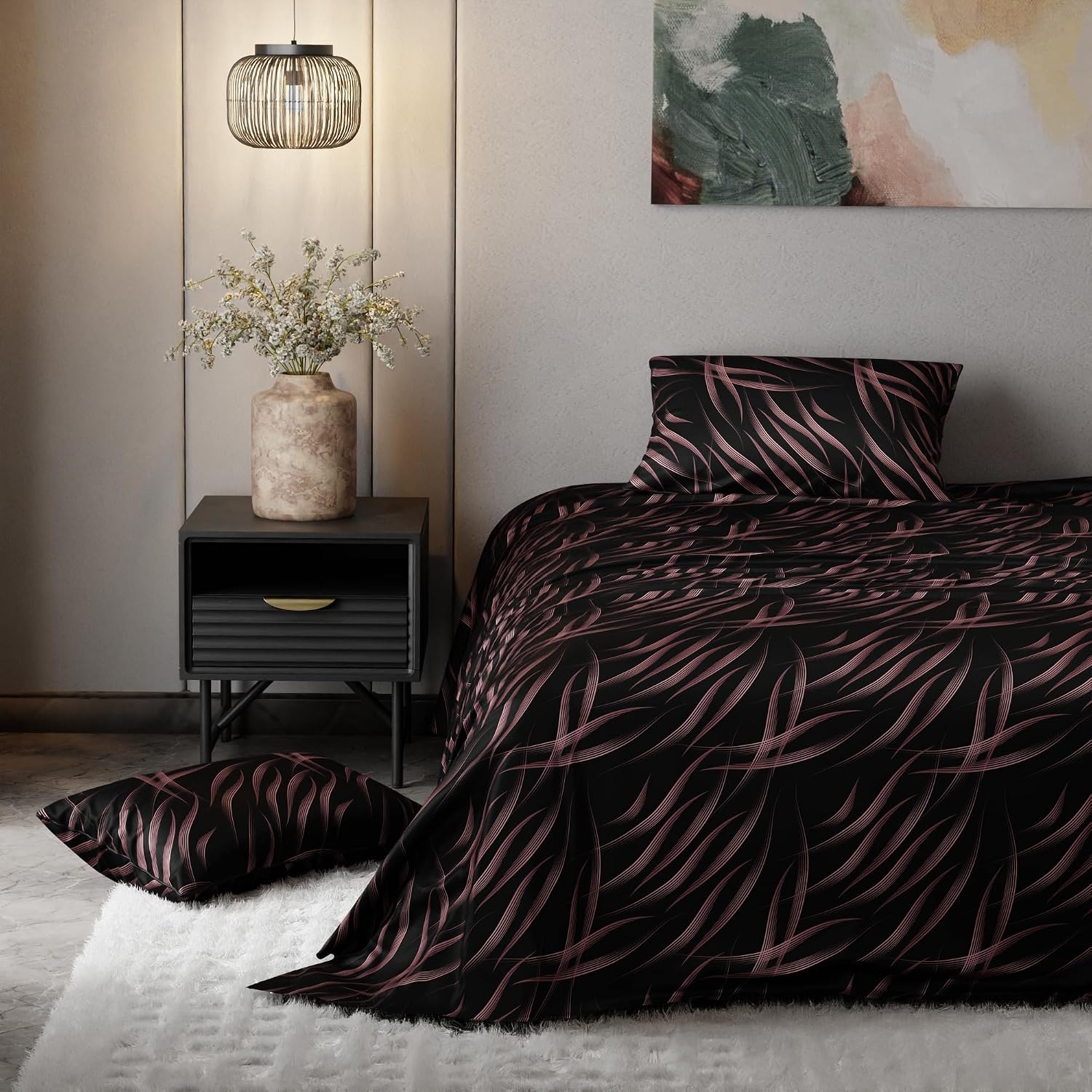 Bedsheet For Super King Size Bed With 2 Matching Pillow Cover - 108 X 108 Inches, Black | Ideal For Healthy Skin & Hair | 100% Premium Fabric Is Lightweight, Soft & Comfortable
